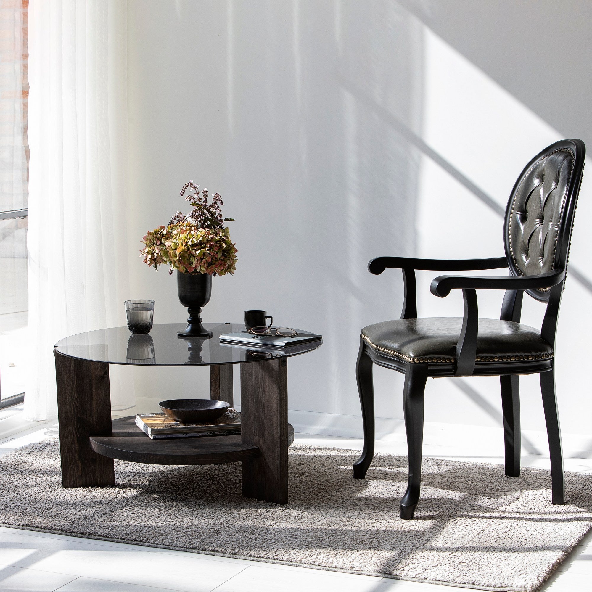 Mesa de Centro Elegante, 75 cm x 40 cm x 75 cm | 100% Vidro Temperado e Estrutura em Madeira Maciça de Pinho | Antracite e Marrom Escuro | Perfeita para Espaços Modernos