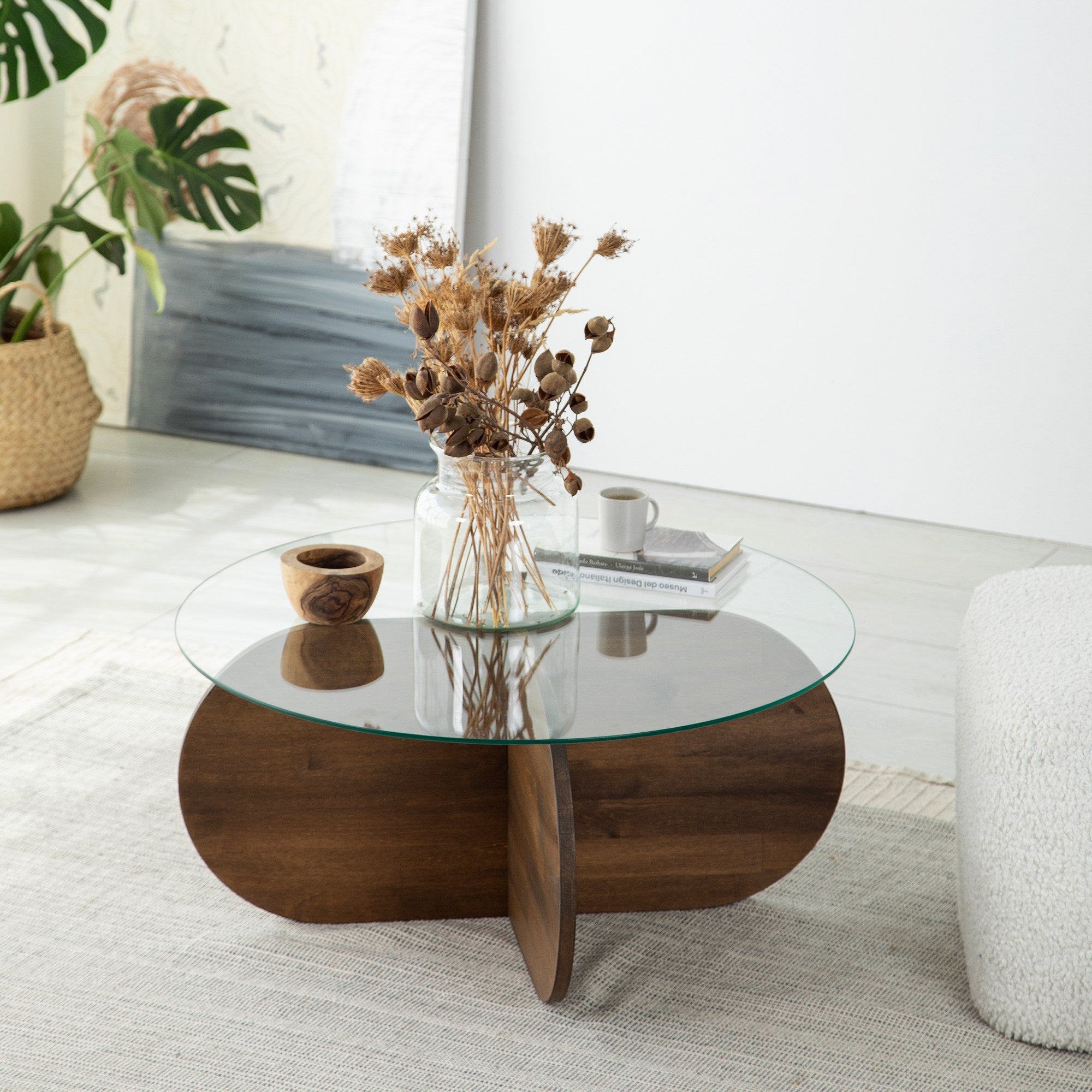 Mesa de Centro Elegante, Cor Nogueira, 75 x 35 x 75 cm | Tampo 100% Vidro Temperado e Estrutura em Madeira Maciça de Pinho | Perfeita para Salas de Estar Modernas