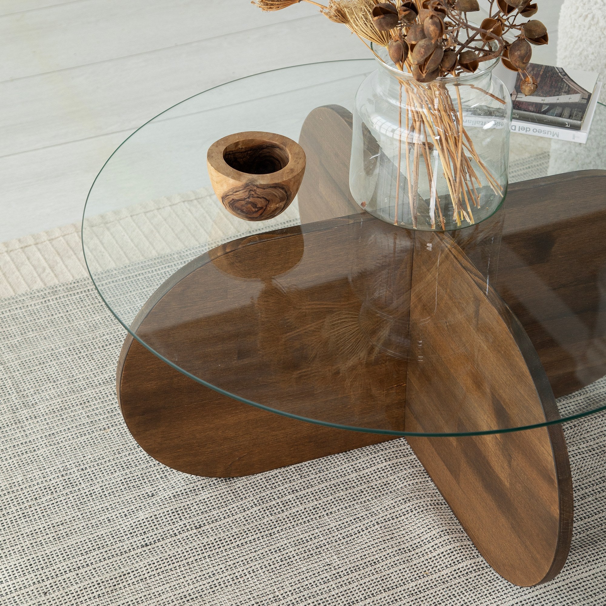 Mesa de Centro Elegante, Cor Nogueira, 75 x 35 x 75 cm | Tampo 100% Vidro Temperado e Estrutura em Madeira Maciça de Pinho | Perfeita para Salas de Estar Modernas