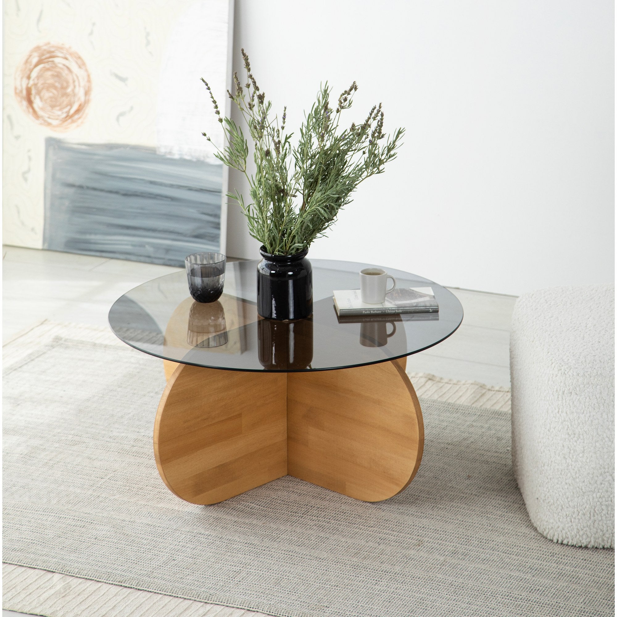 Mesa de Centro Elegante em Carvalho, 75 cm x 75 cm x 35 cm | Tampo 100% em Vidro Temperado e Estrutura em Madeira de Pinho Maciça | Perfeita para Salas de Estar Modernas e Espaços Aconchegantes