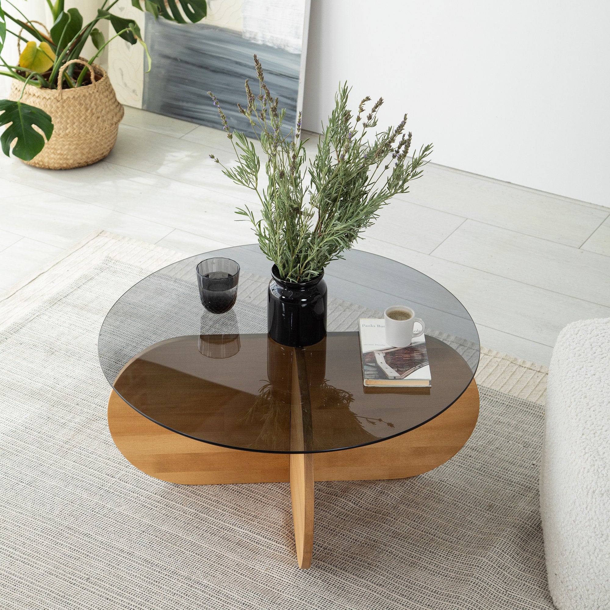Mesa de Centro Elegante em Carvalho, 75 cm x 75 cm x 35 cm | Tampo 100% em Vidro Temperado e Estrutura em Madeira de Pinho Maciça | Perfeita para Salas de Estar Modernas e Espaços Aconchegantes