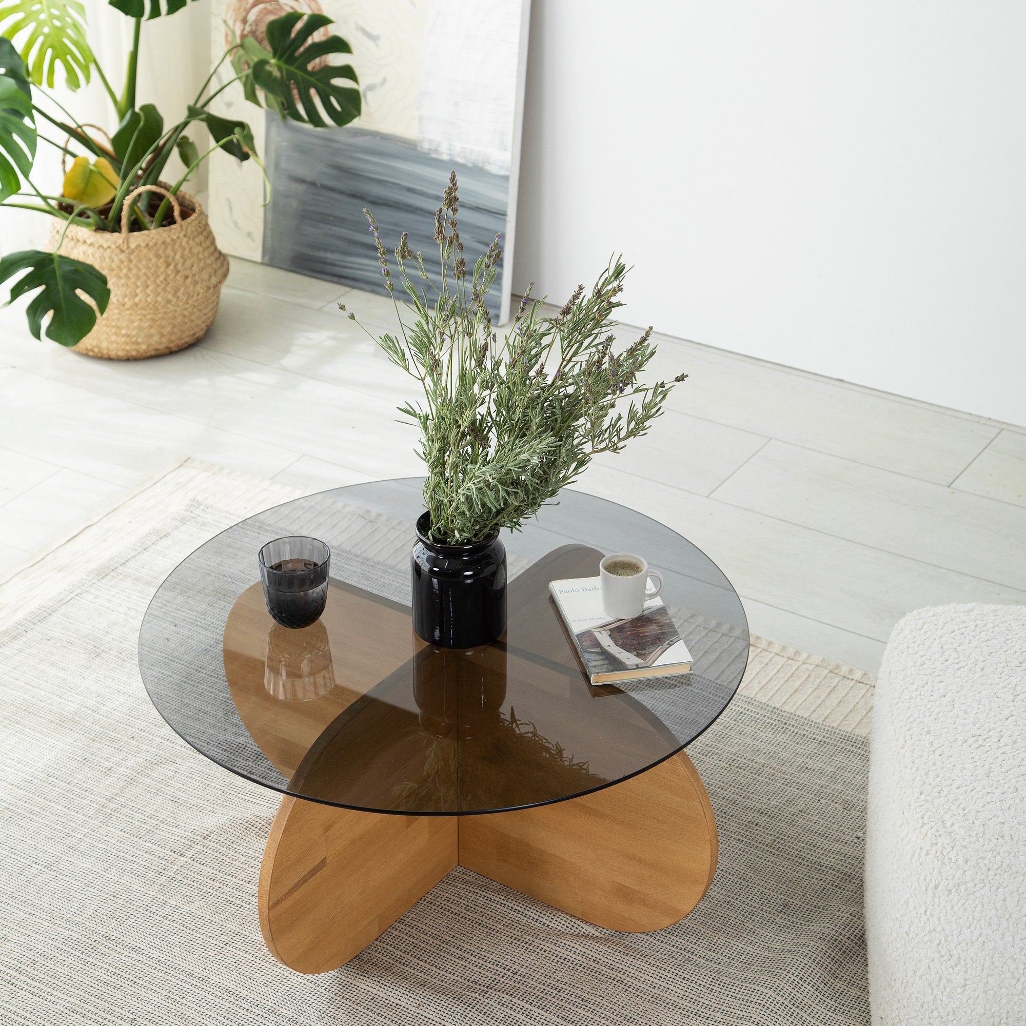 Mesa de Centro Elegante em Carvalho, 75 cm x 75 cm x 35 cm | Tampo 100% em Vidro Temperado e Estrutura em Madeira de Pinho Maciça | Perfeita para Salas de Estar Modernas e Espaços Aconchegantes