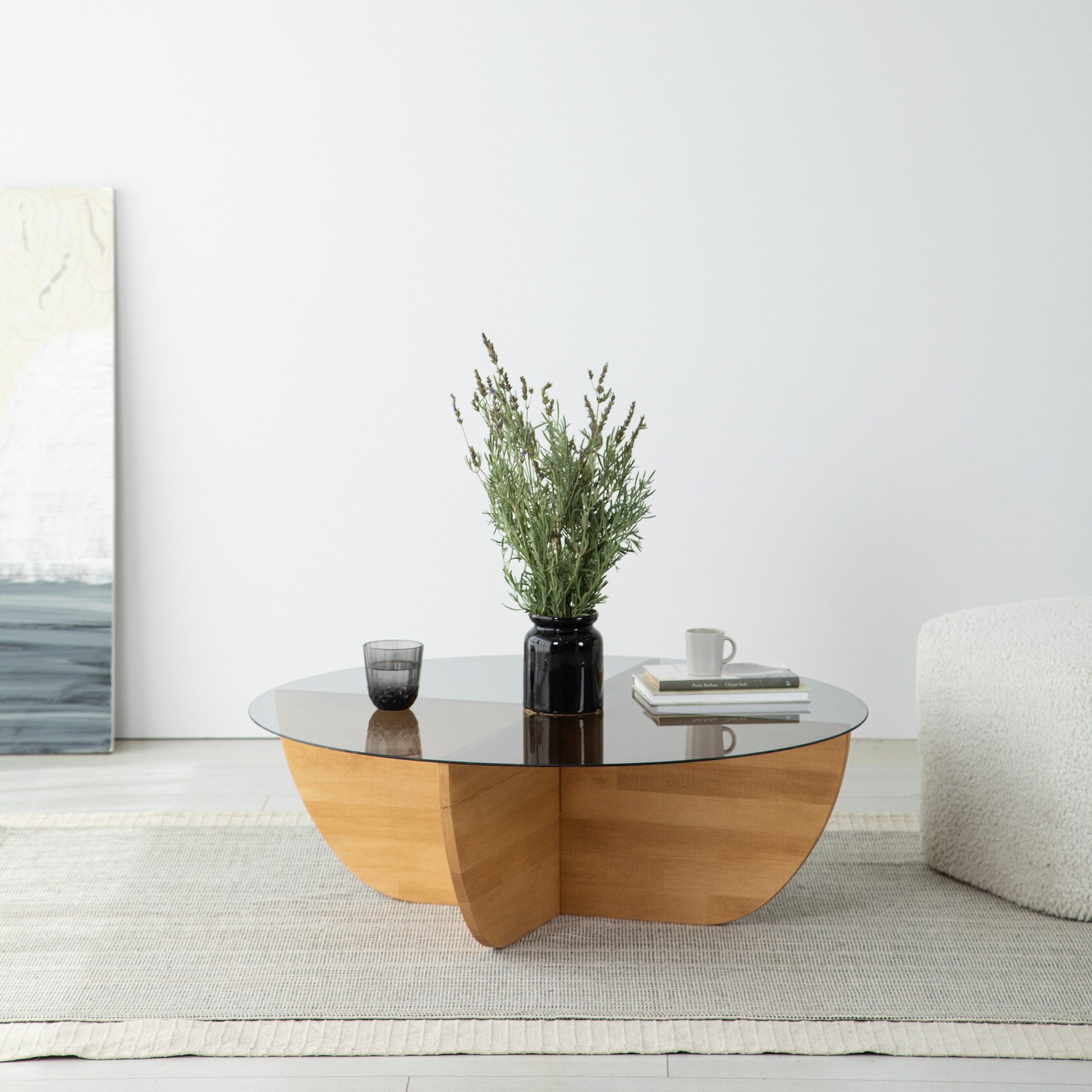 Mesa de Centro Elegante em Carvalho, 90 x 90 x 30 cm | Tampo 100% em Vidro Temperado e Estrutura em Madeira de Pinho Maciça | Perfeita para Salas de Estar Modernas e Decoração Elegante
