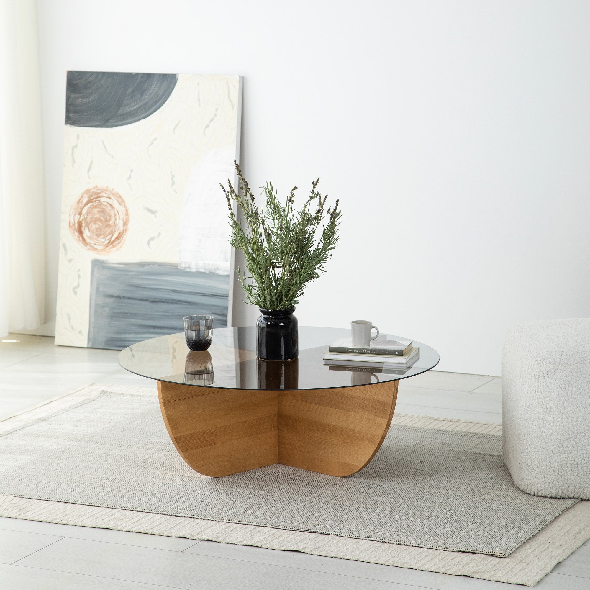 Mesa de Centro Elegante em Carvalho, 90 x 90 x 30 cm | Tampo 100% em Vidro Temperado e Estrutura em Madeira de Pinho Maciça | Perfeita para Salas de Estar Modernas e Decoração Elegante