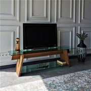 Suporte de TV moderno com vidro temperado 100% e estrutura de pinho maciço, 158 cm | Nogueira e verde | Montável na parede, várias prateleiras, design elegante e funcional