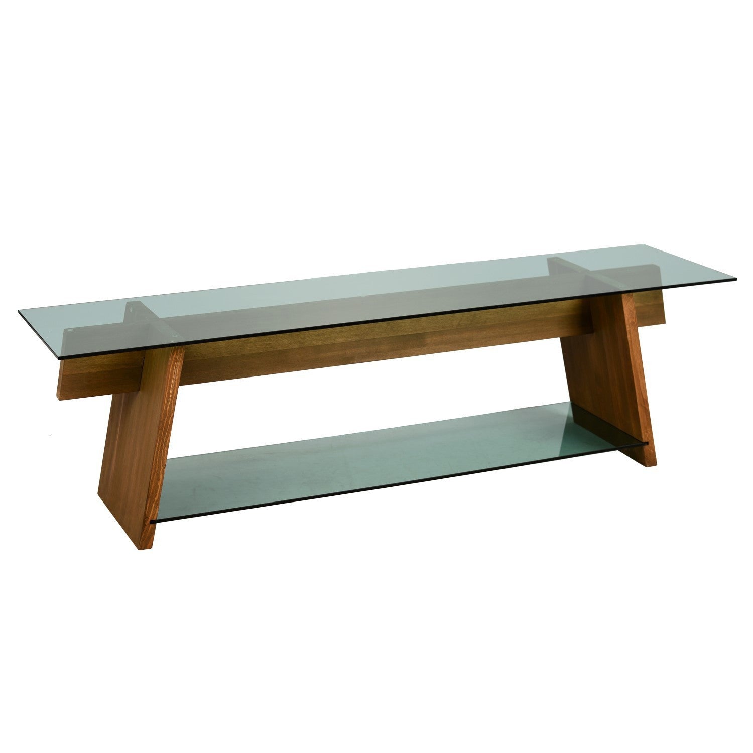 Suporte de TV moderno com vidro temperado 100% e estrutura de pinho maciço, 158 cm | Nogueira e verde | Montável na parede, várias prateleiras, design elegante e funcional