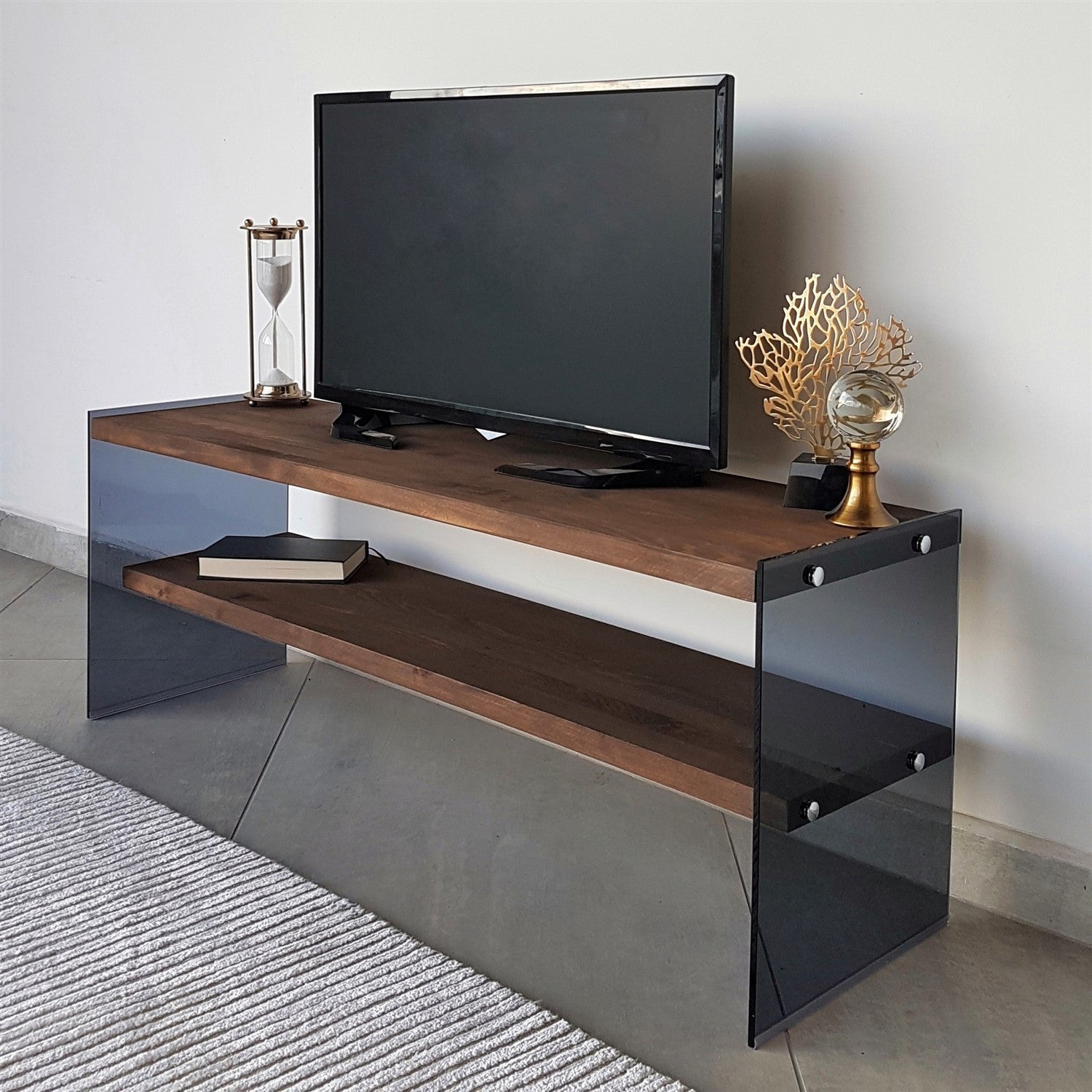 Suporte de TV moderno, cor nogueira, 120 cm x 45 cm x 35 cm | 100% madeira maciça de pinho e vidro temperado | Montável na parede, design elegante com várias prateleiras