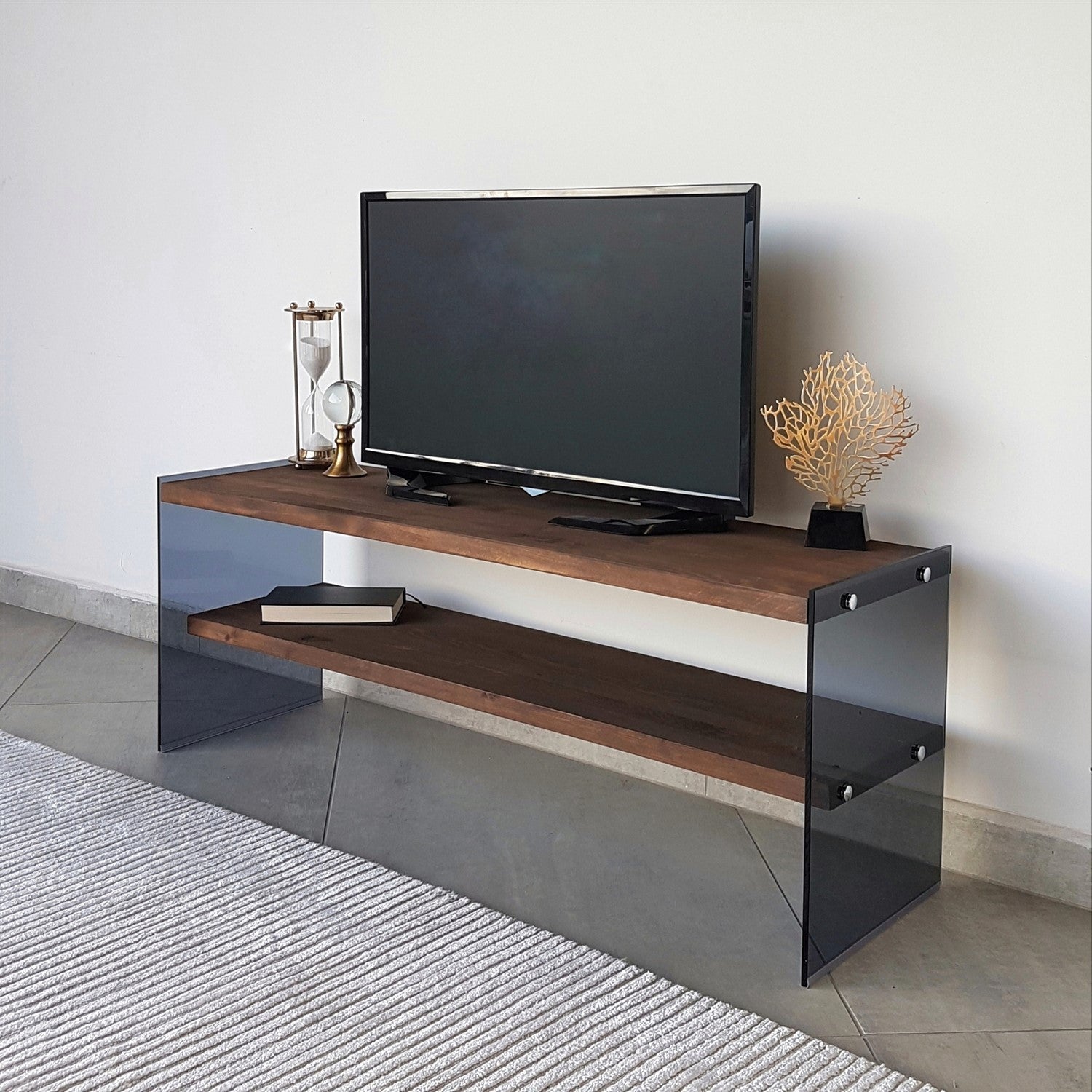 Suporte de TV moderno, cor nogueira, 120 cm x 45 cm x 35 cm | 100% madeira maciça de pinho e vidro temperado | Montável na parede, design elegante com várias prateleiras
