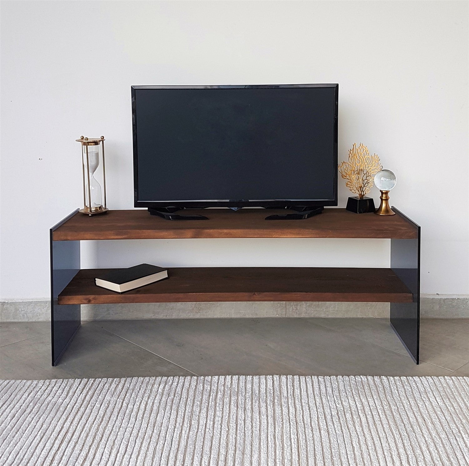 Suporte de TV moderno, cor nogueira, 120 cm x 45 cm x 35 cm | 100% madeira maciça de pinho e vidro temperado | Montável na parede, design elegante com várias prateleiras
