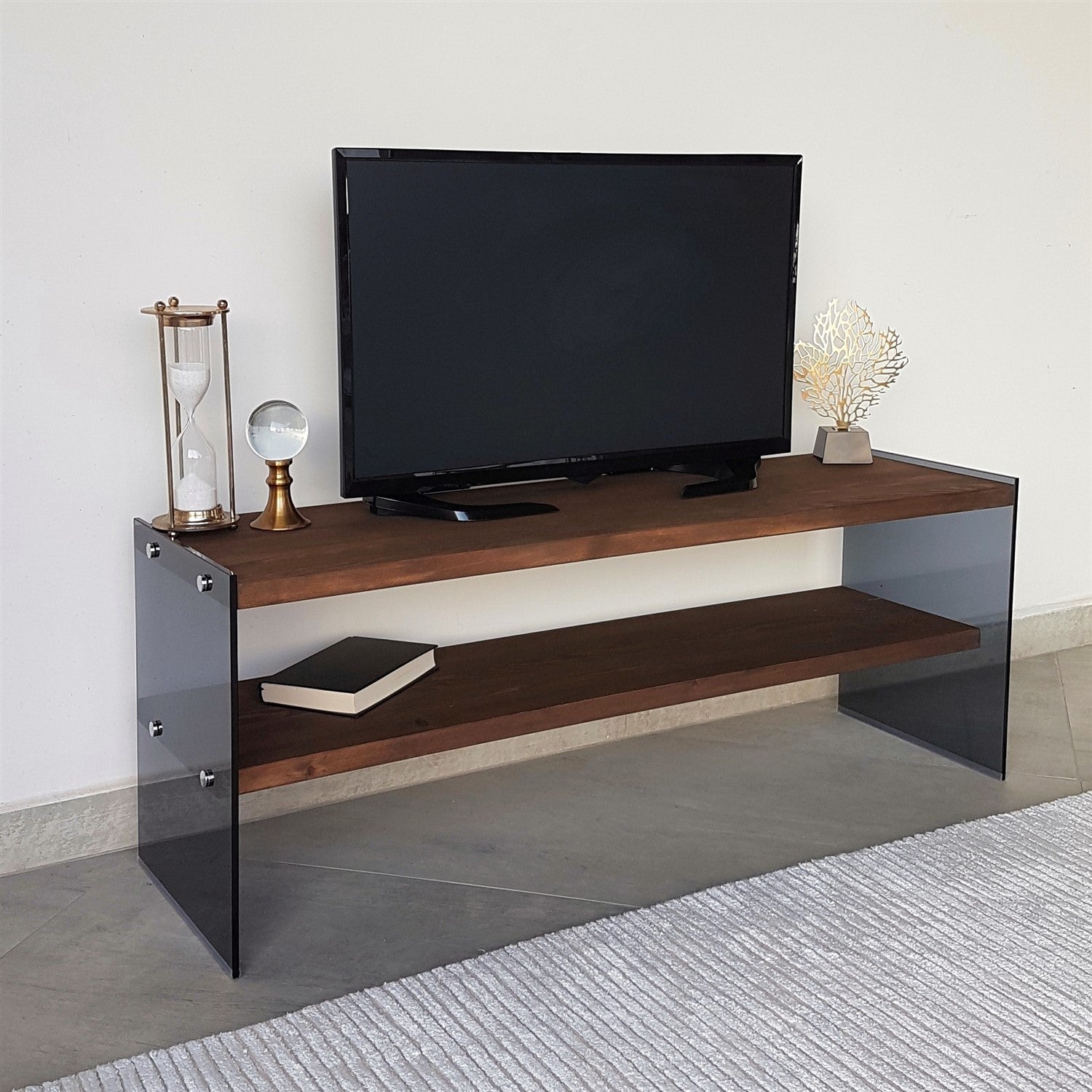 Suporte de TV moderno, cor nogueira, 120 cm x 45 cm x 35 cm | 100% madeira maciça de pinho e vidro temperado | Montável na parede, design elegante com várias prateleiras