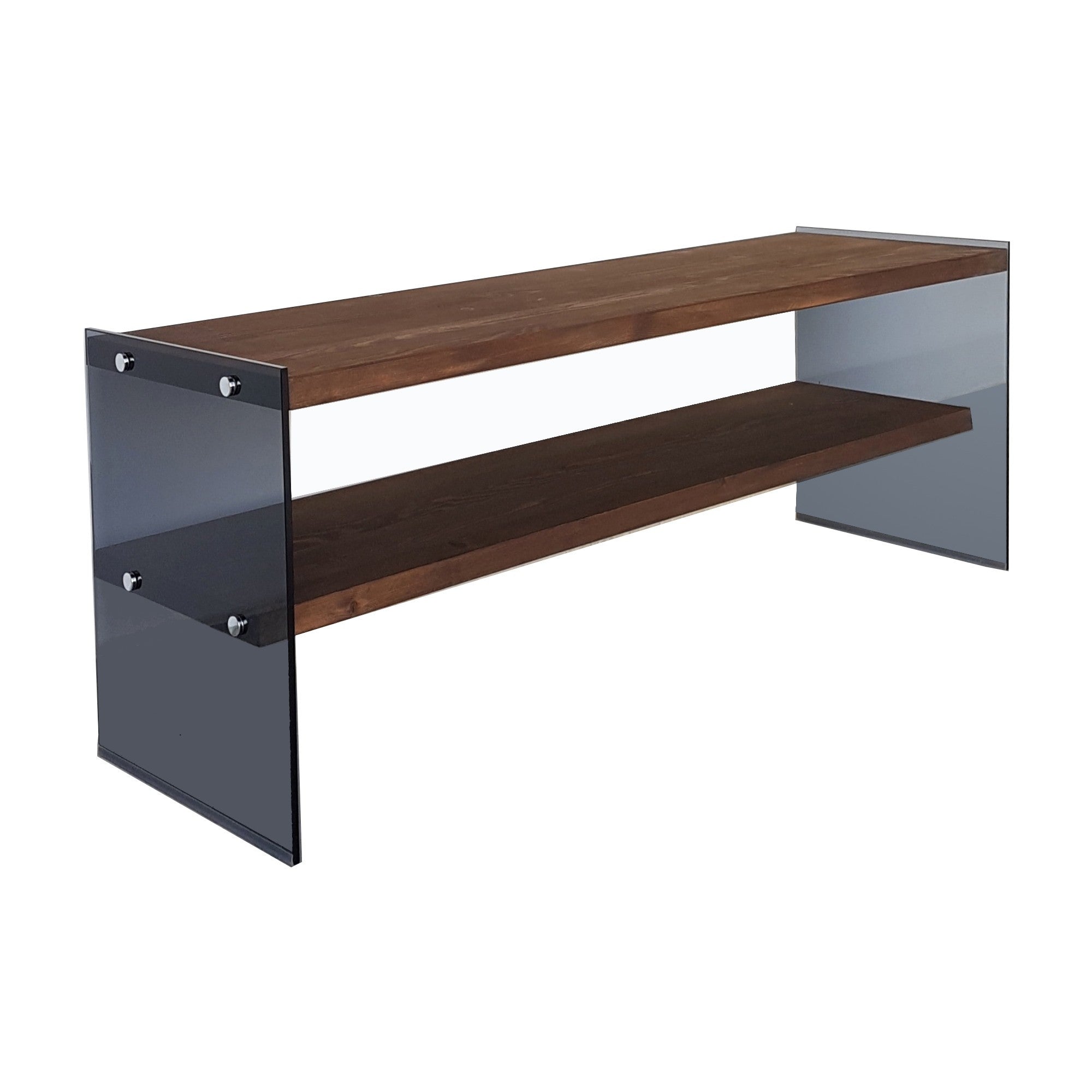 Suporte de TV moderno, cor nogueira, 120 cm x 45 cm x 35 cm | 100% madeira maciça de pinho e vidro temperado | Montável na parede, design elegante com várias prateleiras