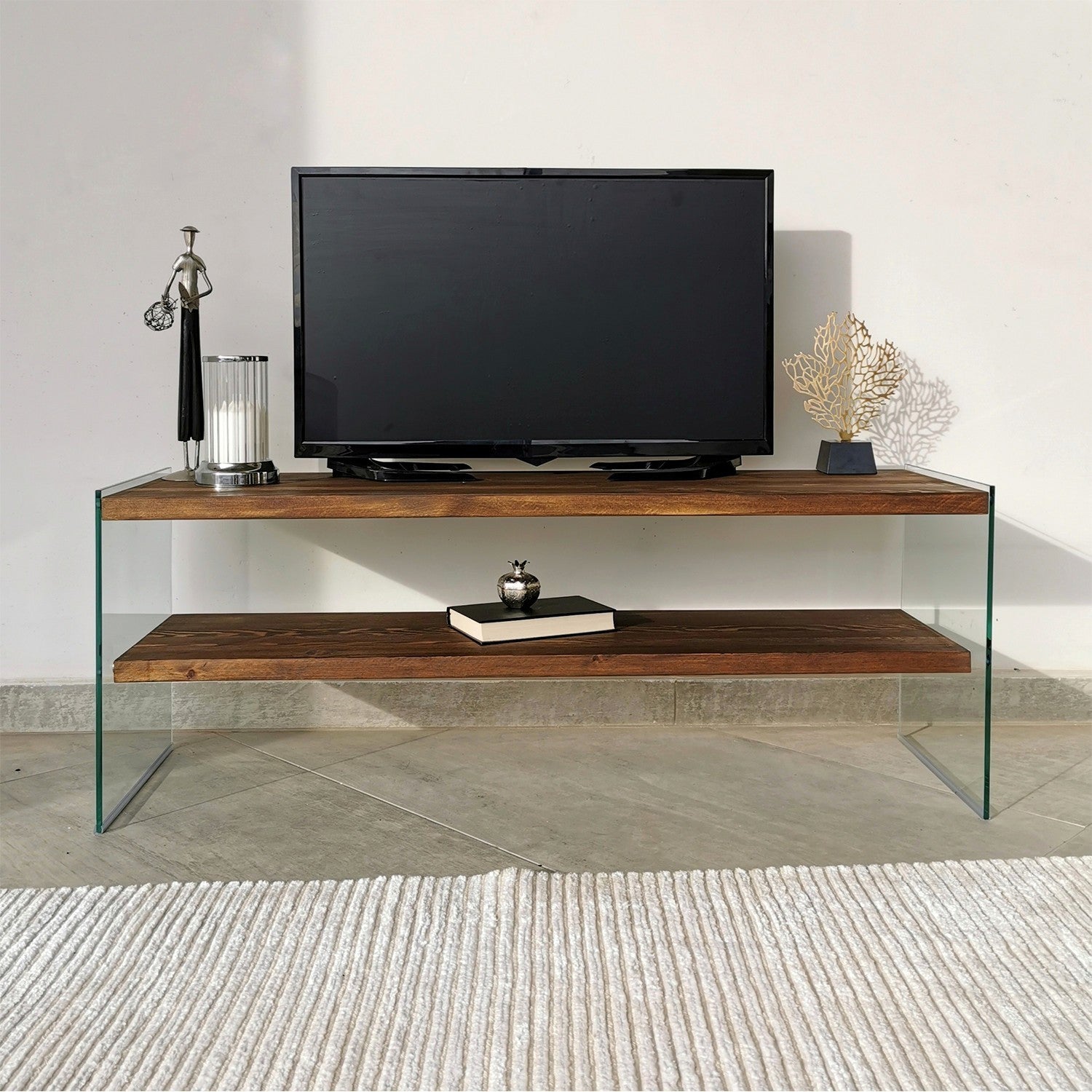 Suporte de TV moderno, cor nogueira, 120 cm x 45 cm x 35 cm | 100% madeira maciça de pinho e vidro temperado | Montável na parede, várias prateleiras, elegante e funcional