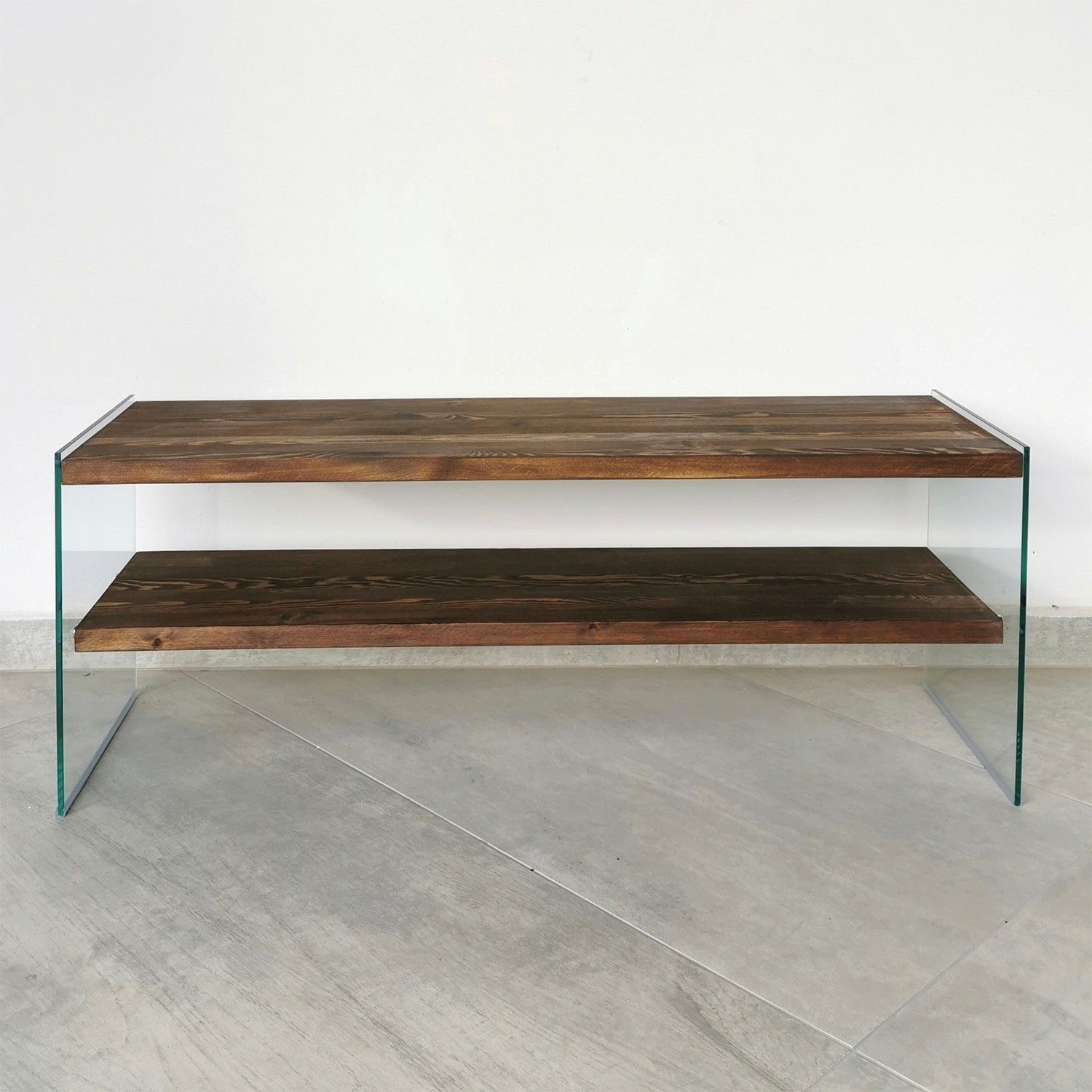 Suporte de TV moderno, cor nogueira, 120 cm x 45 cm x 35 cm | 100% madeira maciça de pinho e vidro temperado | Montável na parede, várias prateleiras, elegante e funcional