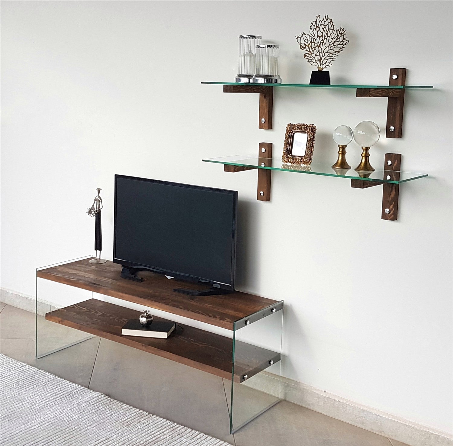 Móvel de TV moderno com prateleiras de parede (3 peças), cor nogueira, 120 x 45 x 35 cm | 100% madeira maciça de pinho e vidro temperado | Design elegante e funcional