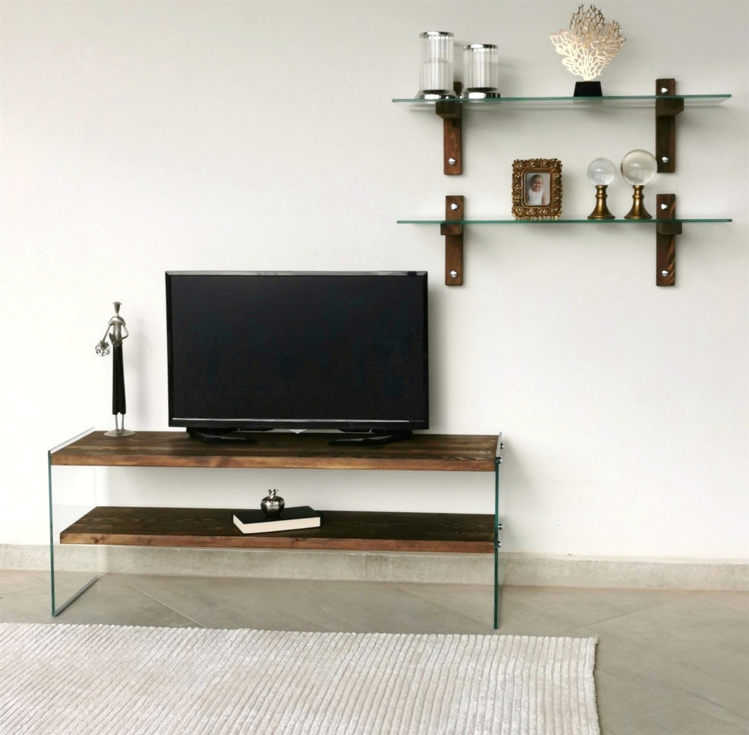 Móvel de TV moderno com prateleiras de parede (3 peças), cor nogueira, 120 x 45 x 35 cm | 100% madeira maciça de pinho e vidro temperado | Design elegante e funcional