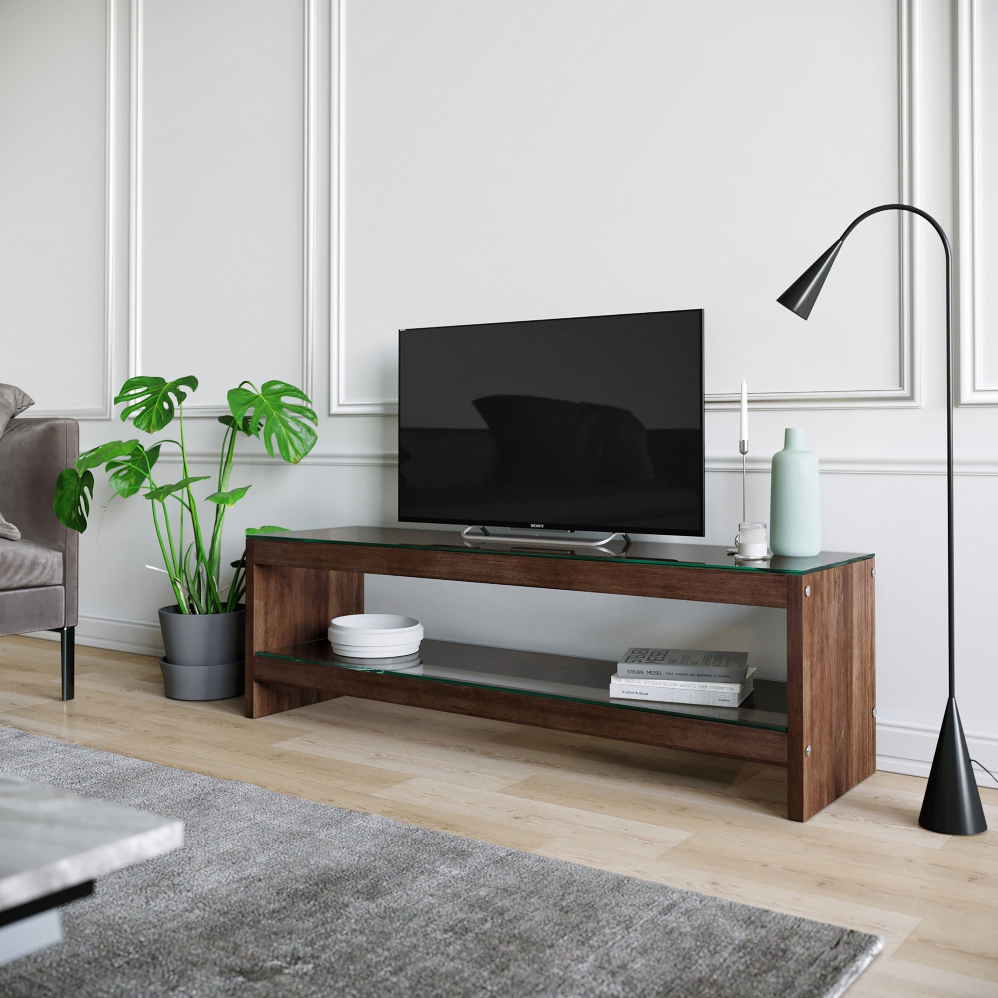 Suporte de TV moderno, cor nogueira, 140 cm x 45 cm x 40 cm | 100% madeira maciça de pinho e vidro temperado | Montável na parede, várias prateleiras, elegante e funcional