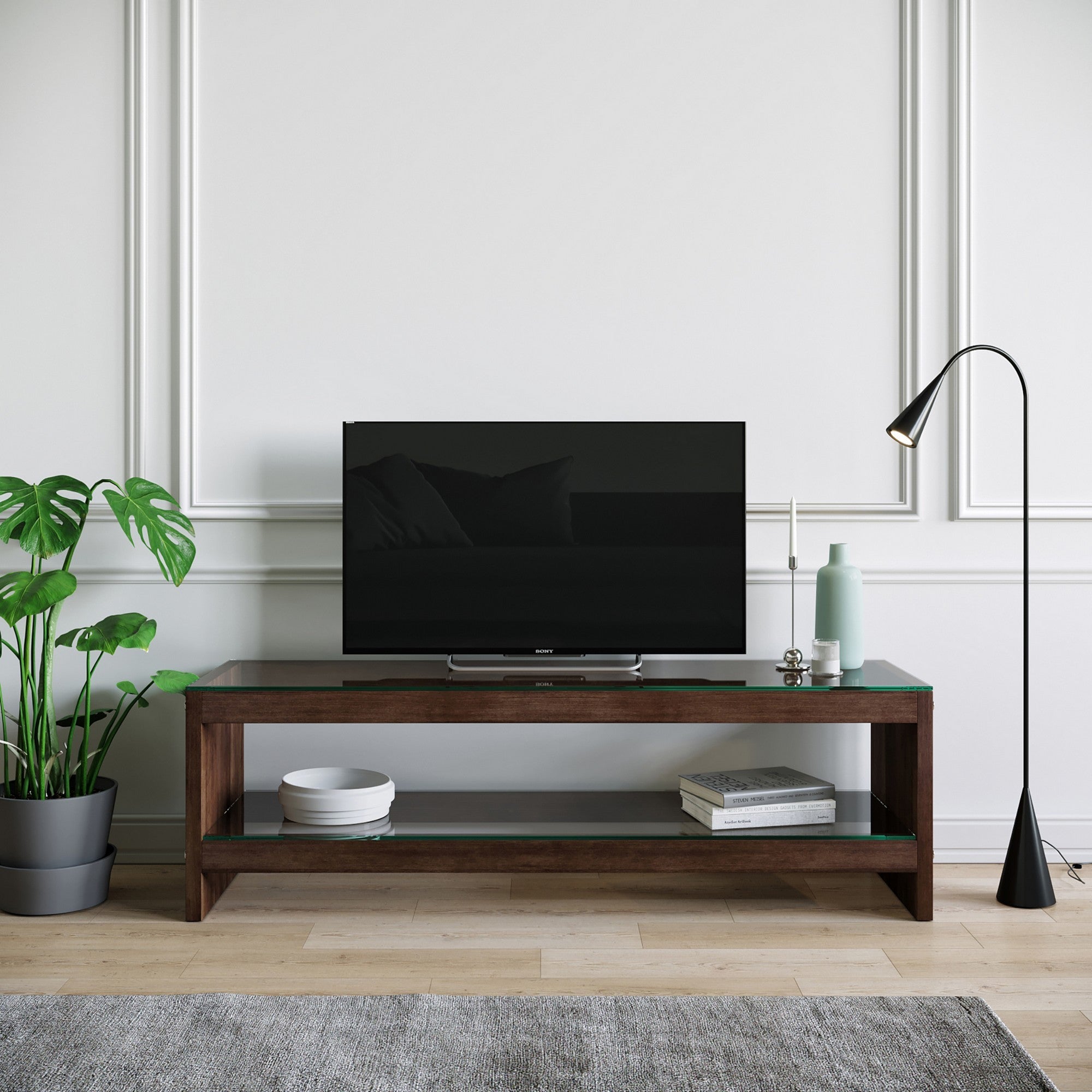 Suporte de TV moderno, cor nogueira, 140 cm x 45 cm x 40 cm | 100% madeira maciça de pinho e vidro temperado | Montável na parede, várias prateleiras, elegante e funcional