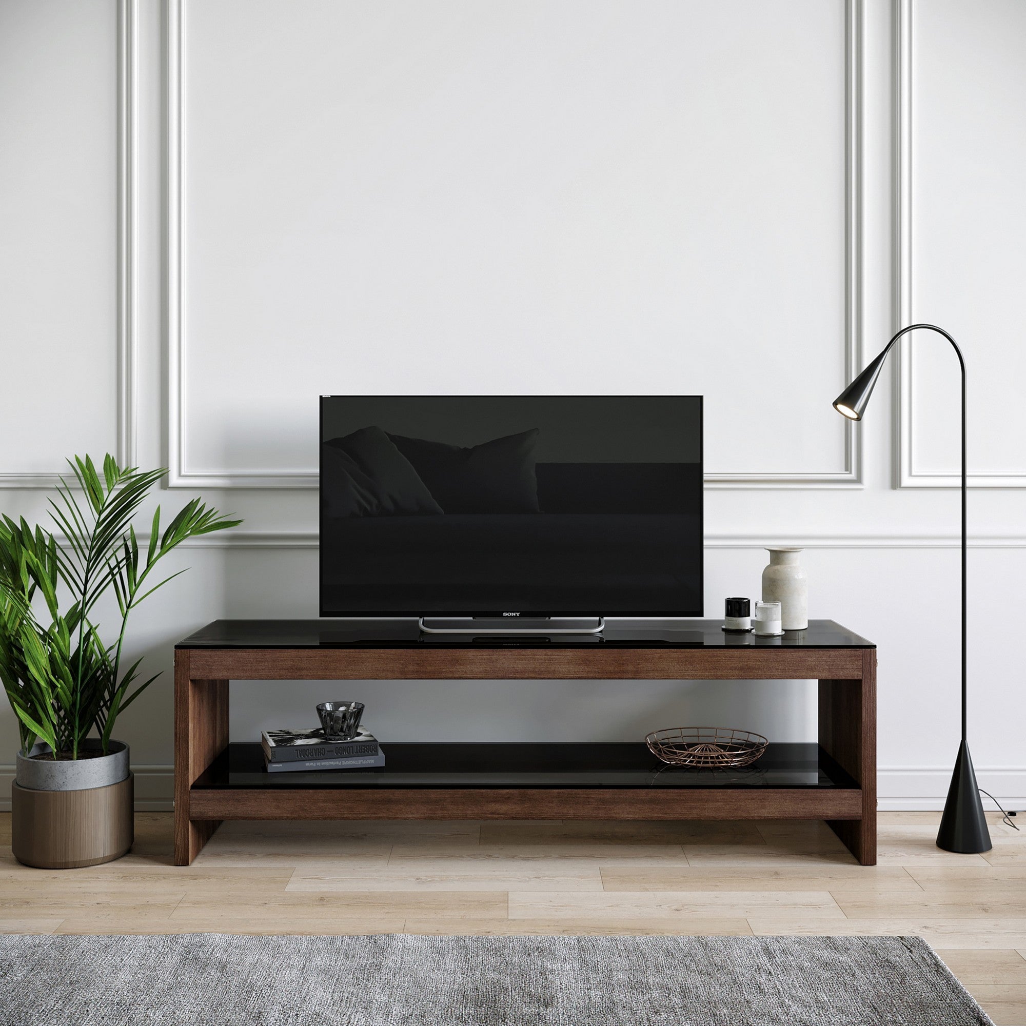 Suporte de TV moderno, cor nogueira, 140 cm x 45 cm x 40 cm | 100% madeira maciça de pinho e vidro temperado | Montável na parede, várias prateleiras, elegante e funcional