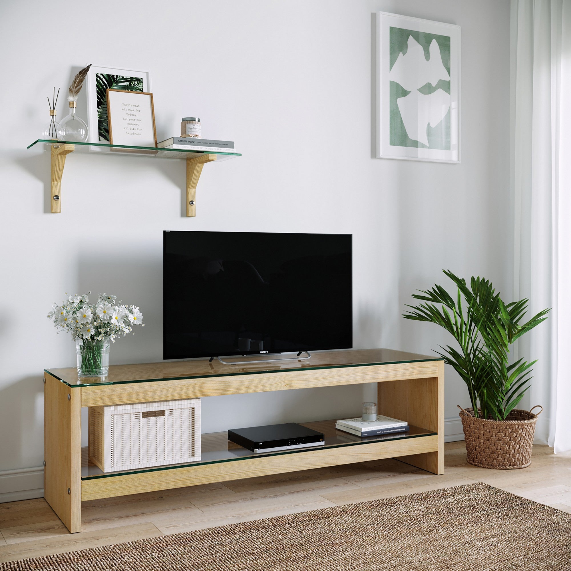 Móvel de TV moderno em carvalho com prateleira de parede, 100% madeira maciça de pinho e vidro temperado, 140x45x40 cm | Design escandinavo elegante, peso máximo de 20 kg