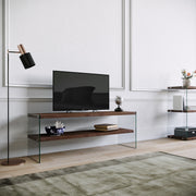 Suporte de TV moderno, cor nogueira, 120 cm x 45 cm x 35 cm | 100% madeira maciça de pinho e vidro temperado | Montável na parede, várias prateleiras, capacidade para 20 kg