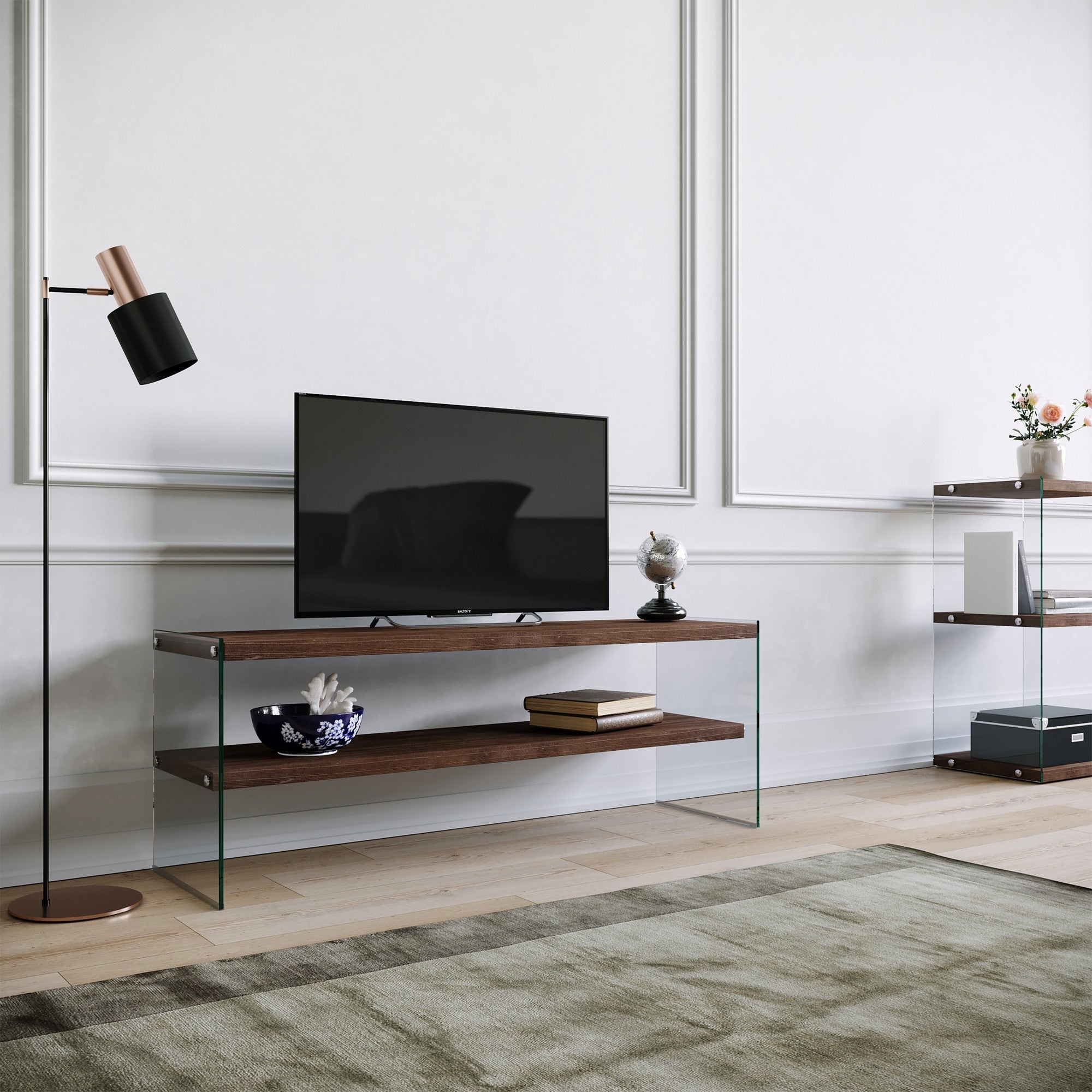 Suporte de TV moderno, cor nogueira, 120 cm x 45 cm x 35 cm | 100% madeira maciça de pinho e vidro temperado | Montável na parede, várias prateleiras, capacidade para 20 kg