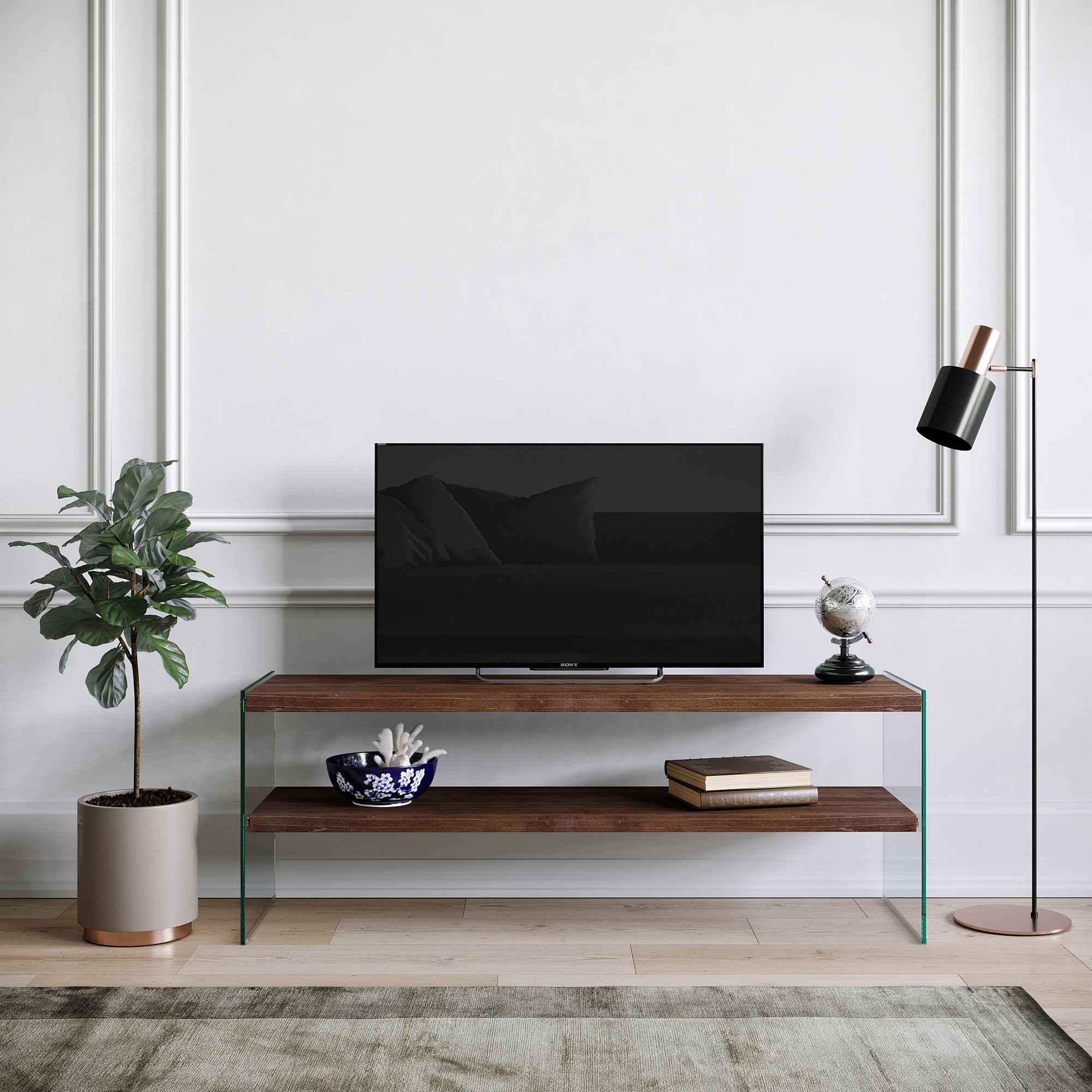 Suporte de TV moderno, cor nogueira, 120 cm x 45 cm x 35 cm | 100% madeira maciça de pinho e vidro temperado | Montável na parede, várias prateleiras, capacidade para 20 kg