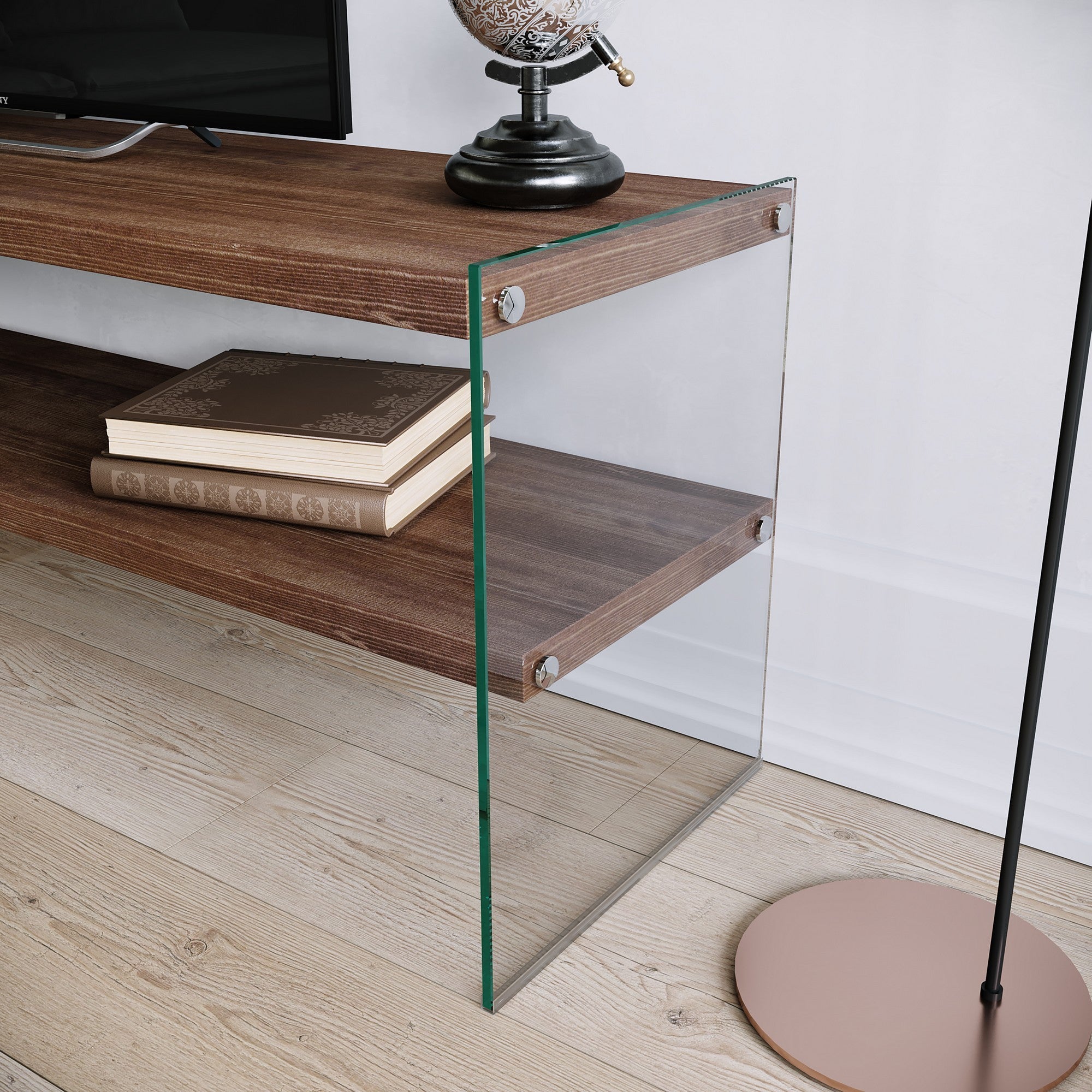 Suporte de TV moderno, cor nogueira, 120 cm x 45 cm x 35 cm | 100% madeira maciça de pinho e vidro temperado | Montável na parede, várias prateleiras, capacidade para 20 kg