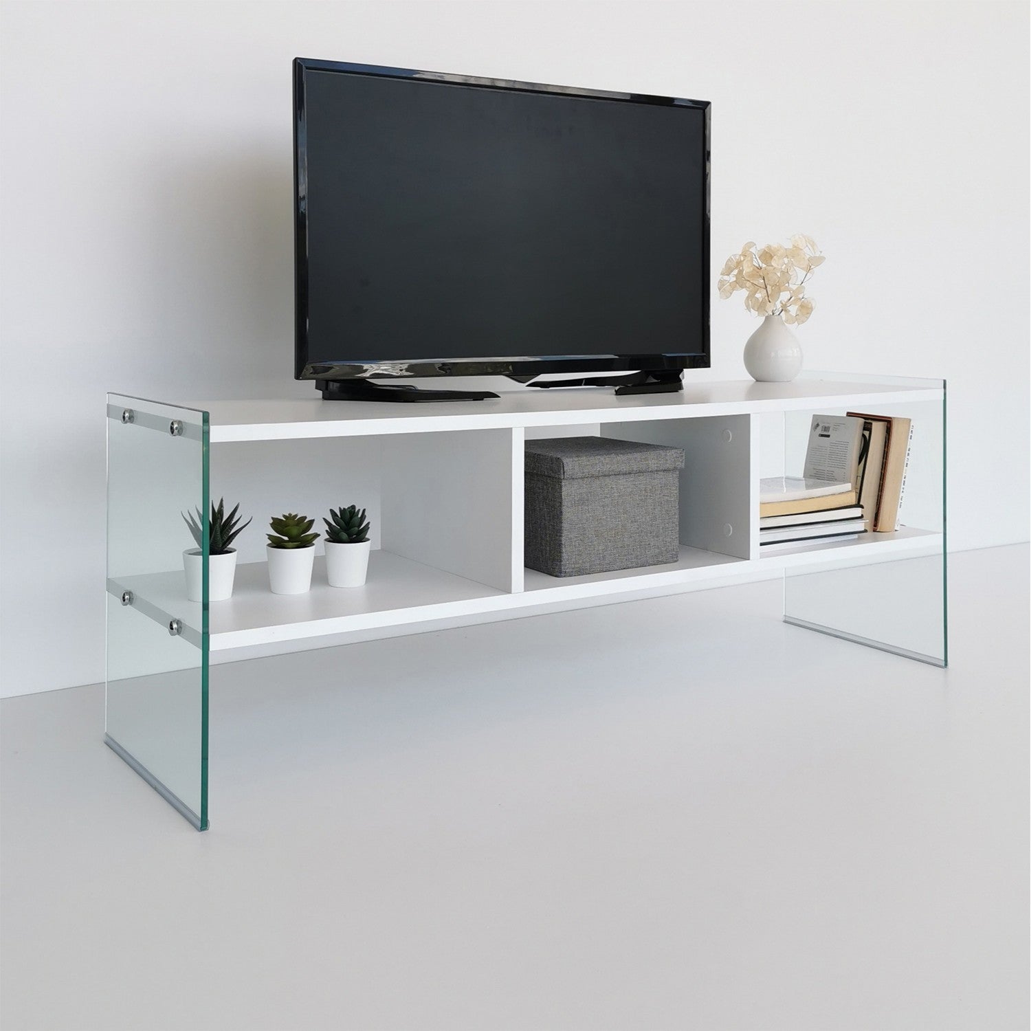 Suporte de TV moderno com estrutura de vidro temperado, branco, 120 x 45 x 35 cm | Painel de partículas 100% revestido de melamina, 8 mm | Montável na parede, design elegante e funcional