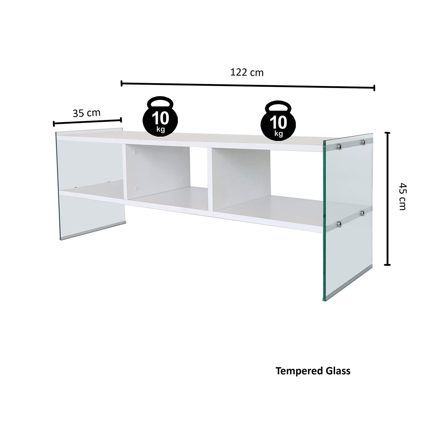 Suporte de TV moderno com estrutura de vidro temperado, branco, 120 x 45 x 35 cm | Painel de partículas 100% revestido de melamina, 8 mm | Montável na parede, design elegante e funcional