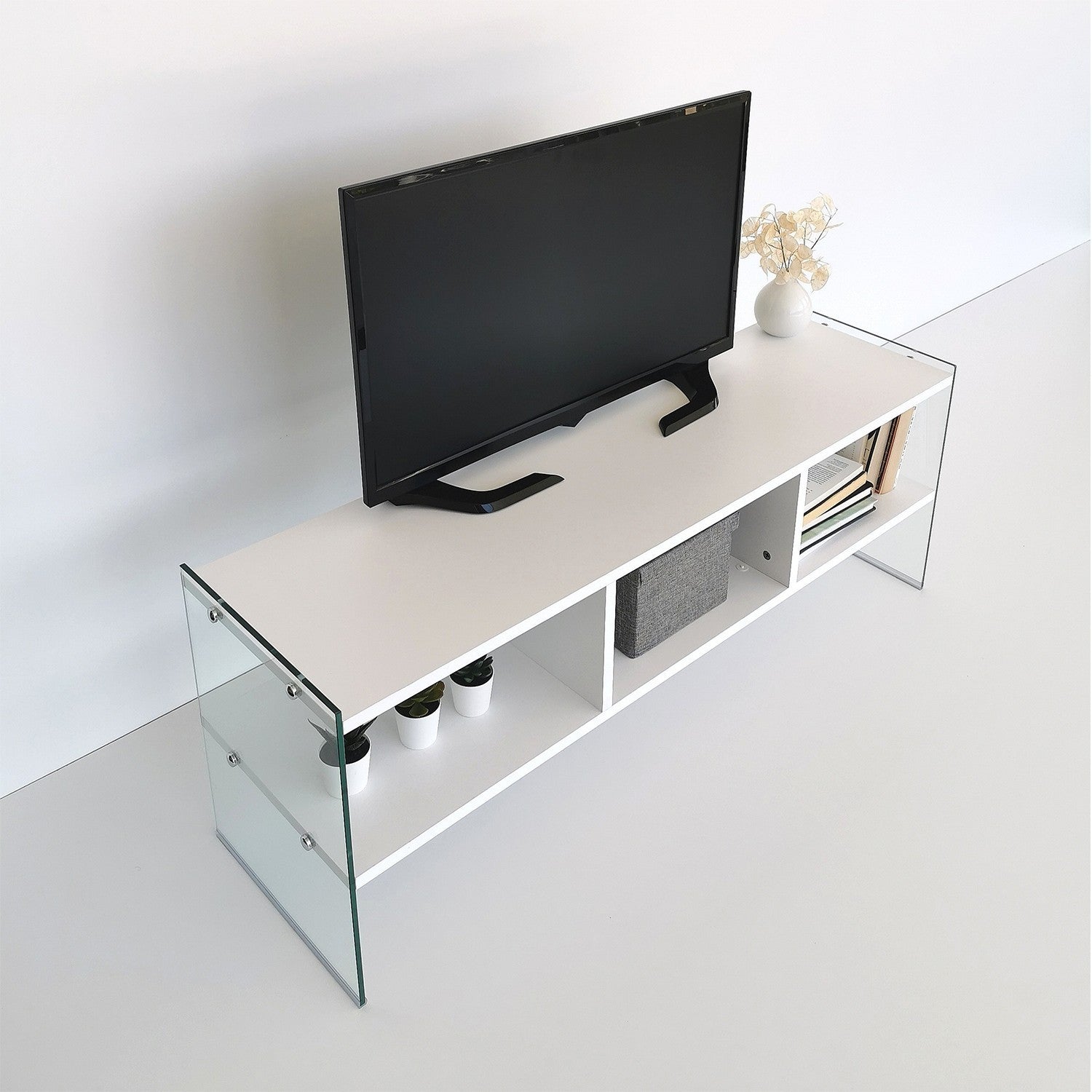 Suporte de TV moderno com estrutura de vidro temperado, branco, 120 x 45 x 35 cm | Painel de partículas 100% revestido de melamina, 8 mm | Montável na parede, design elegante e funcional