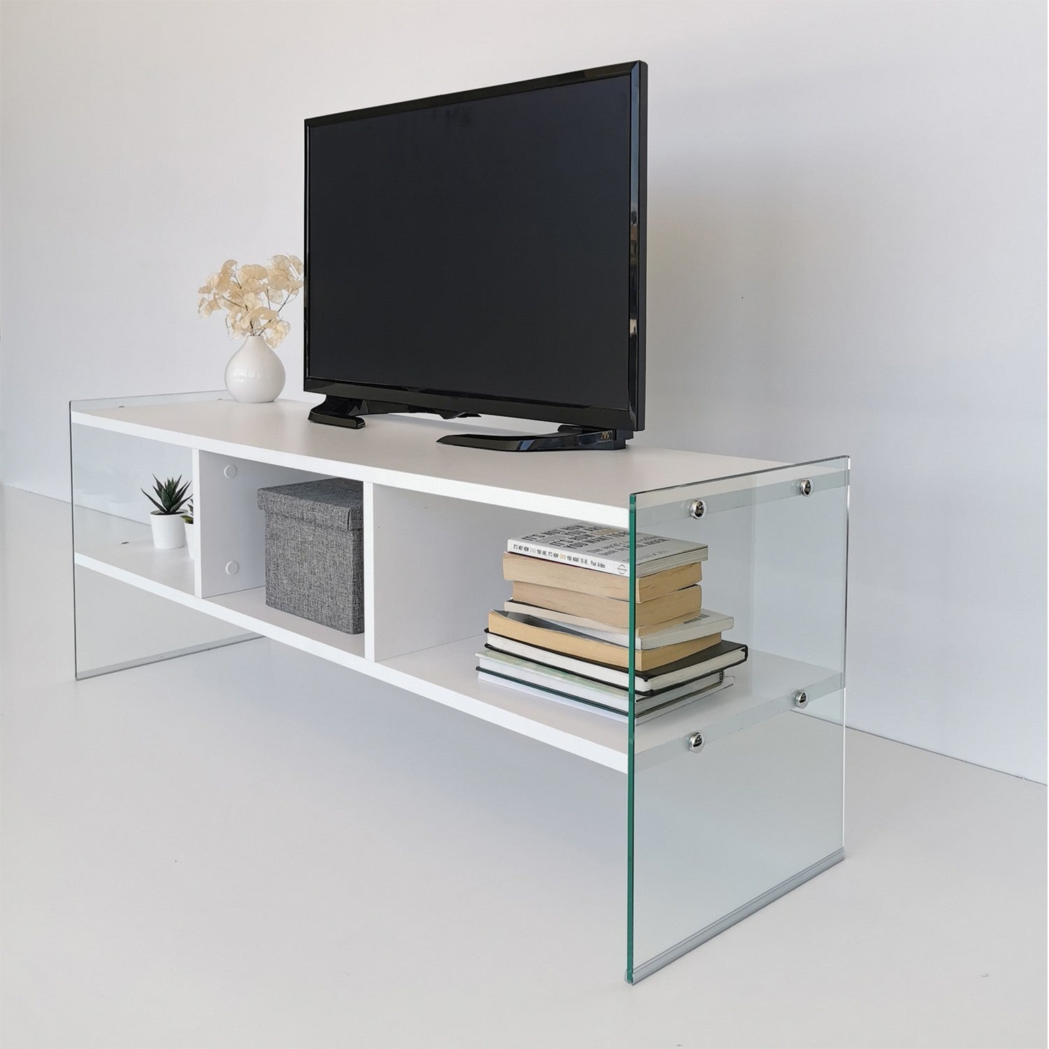Suporte de TV moderno com estrutura de vidro temperado, branco, 120 x 45 x 35 cm | Painel de partículas 100% revestido de melamina, 8 mm | Montável na parede, design elegante e funcional