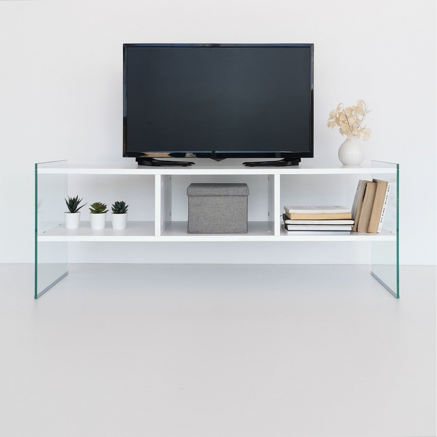 Suporte de TV moderno com estrutura de vidro temperado, branco, 120 x 45 x 35 cm | Painel de partículas 100% revestido de melamina, 8 mm | Montável na parede, design elegante e funcional