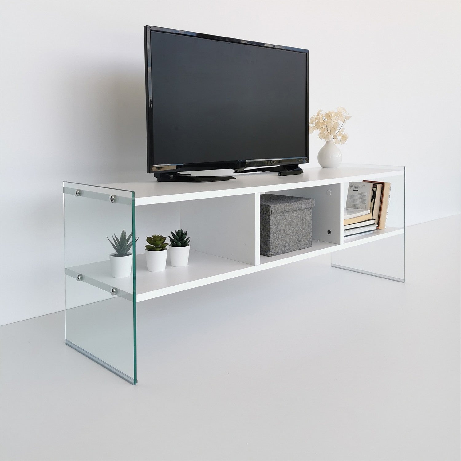 Suporte de TV moderno com estrutura de vidro temperado, branco, 120 x 45 x 35 cm | Painel de partículas 100% revestido de melamina, 8 mm | Montável na parede, design elegante e funcional