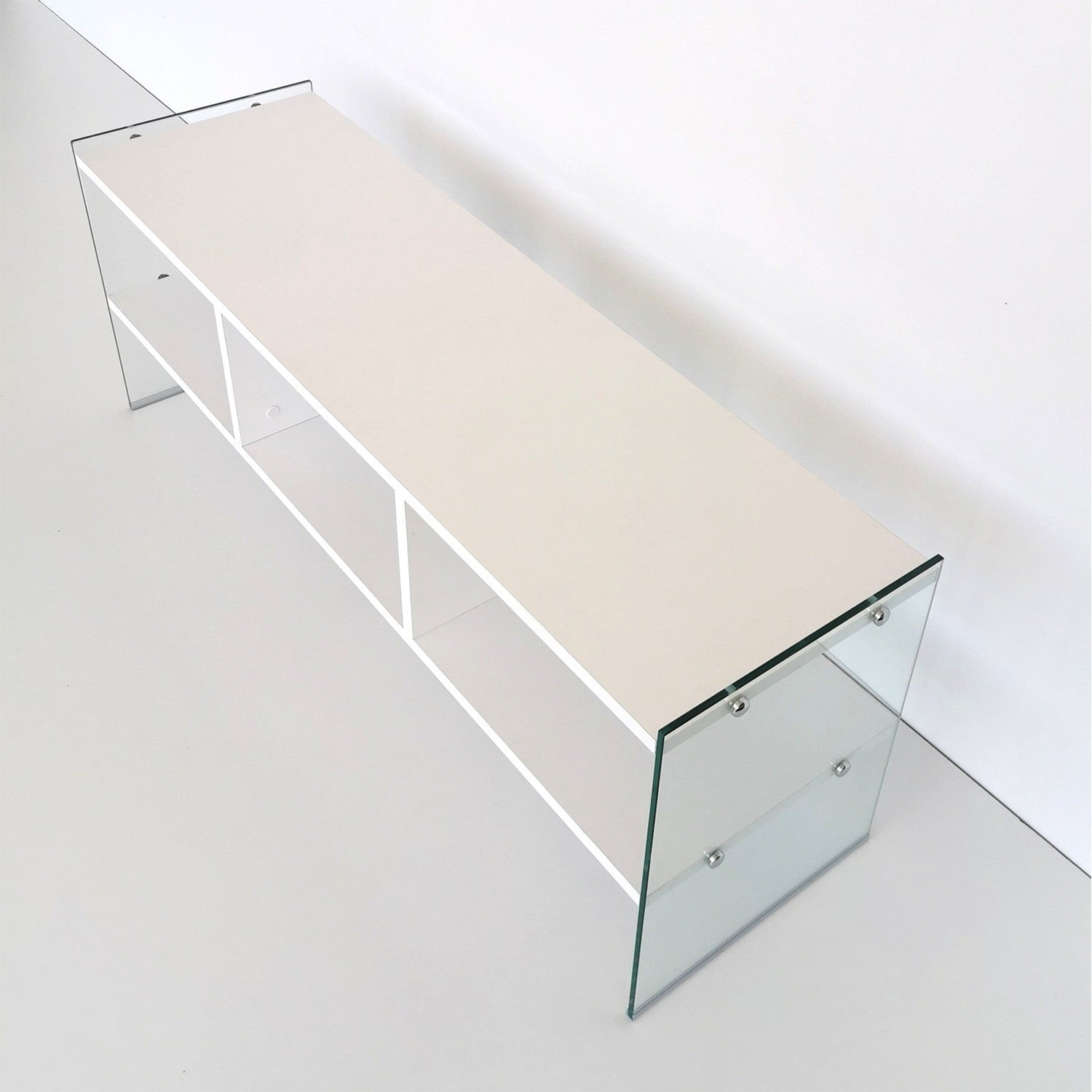 Suporte de TV moderno com estrutura de vidro temperado, branco, 120 x 45 x 35 cm | Painel de partículas 100% revestido de melamina, 8 mm | Montável na parede, design elegante e funcional