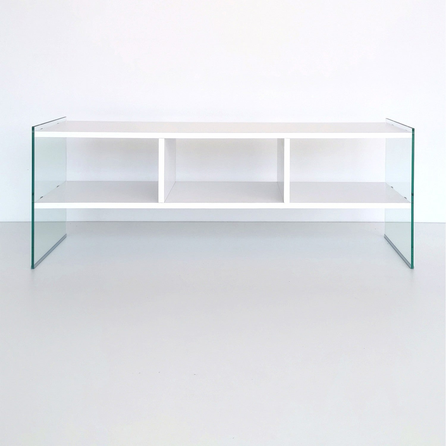 Suporte de TV moderno com estrutura de vidro temperado, branco, 120 x 45 x 35 cm | Painel de partículas 100% revestido de melamina, 8 mm | Montável na parede, design elegante e funcional