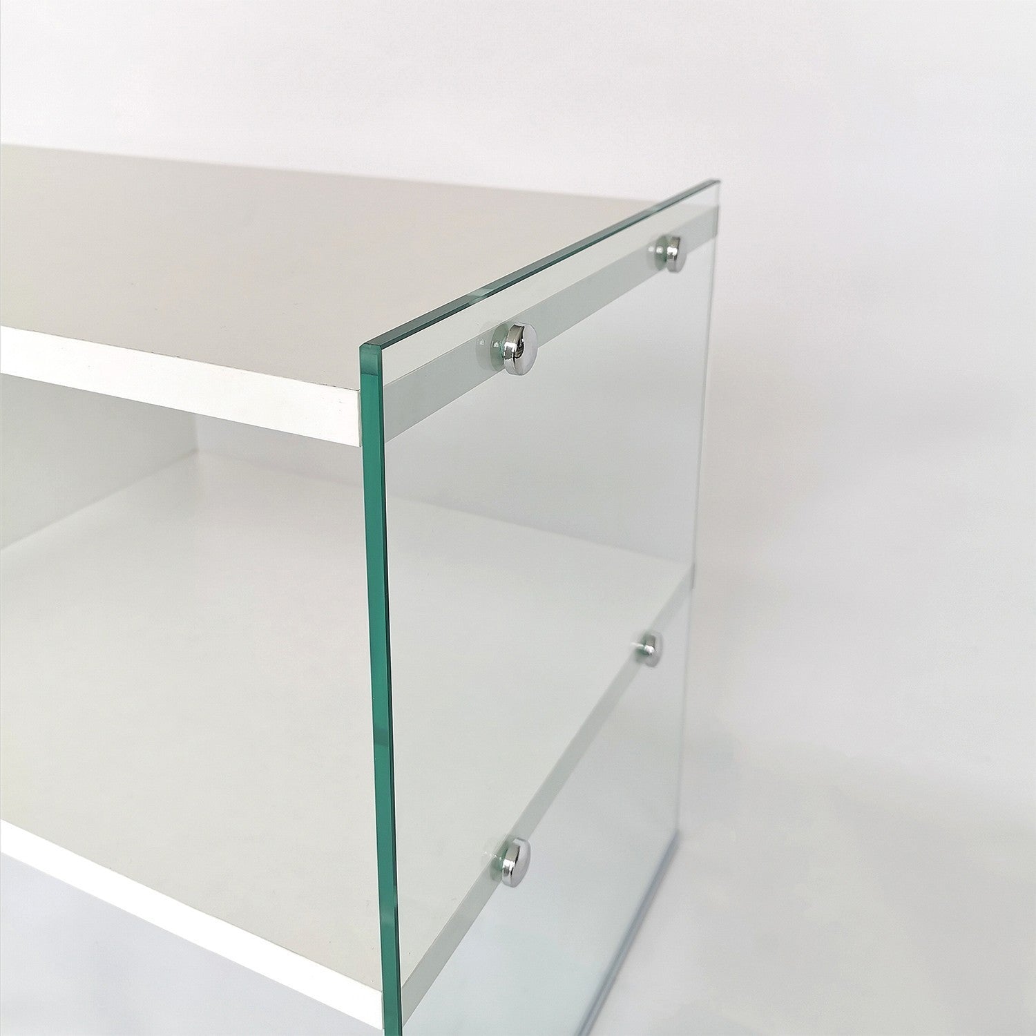 Suporte de TV moderno com estrutura de vidro temperado, branco, 120 x 45 x 35 cm | Painel de partículas 100% revestido de melamina, 8 mm | Montável na parede, design elegante e funcional