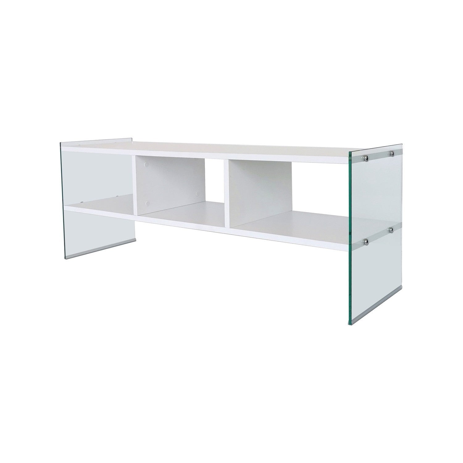 Suporte de TV moderno com estrutura de vidro temperado, branco, 120 x 45 x 35 cm | Painel de partículas 100% revestido de melamina, 8 mm | Montável na parede, design elegante e funcional