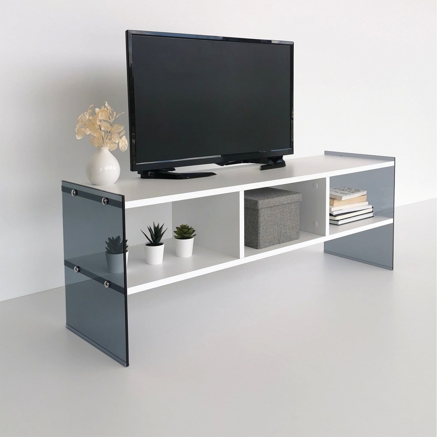 Suporte de TV moderno com prateleiras, branco e fumê, 120 x 45 x 35 cm | Painel de partículas 100% revestido de melamina e vidro temperado | Montável na parede, elegante e funcional