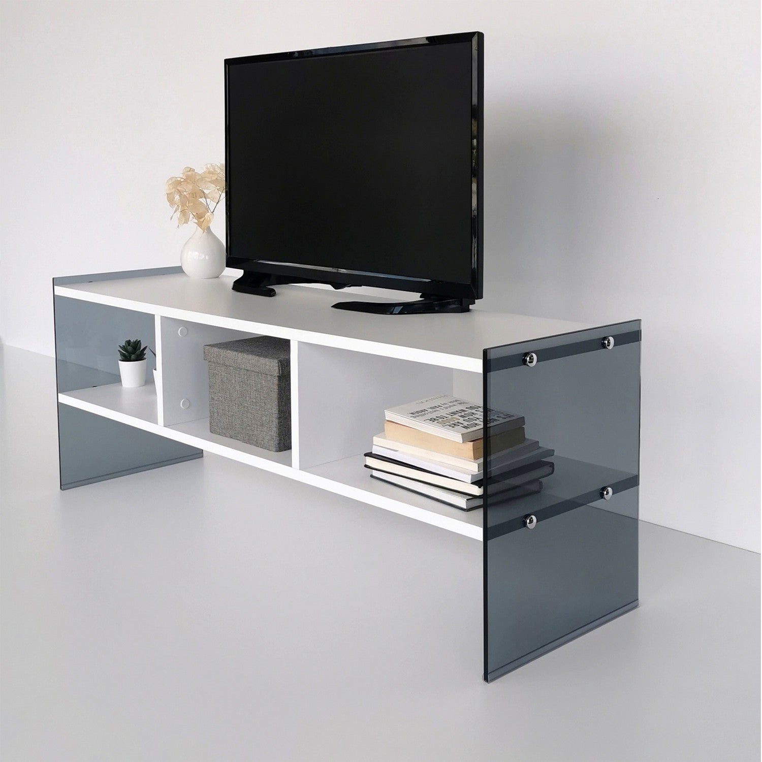Suporte de TV moderno com prateleiras, branco e fumê, 120 x 45 x 35 cm | Painel de partículas 100% revestido de melamina e vidro temperado | Montável na parede, elegante e funcional