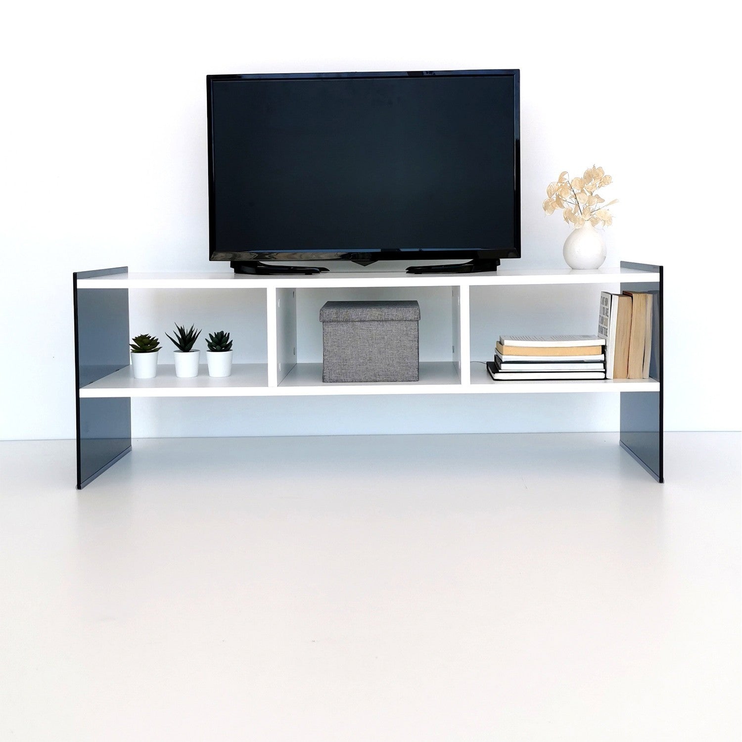 Suporte de TV moderno com prateleiras, branco e fumê, 120 x 45 x 35 cm | Painel de partículas 100% revestido de melamina e vidro temperado | Montável na parede, elegante e funcional