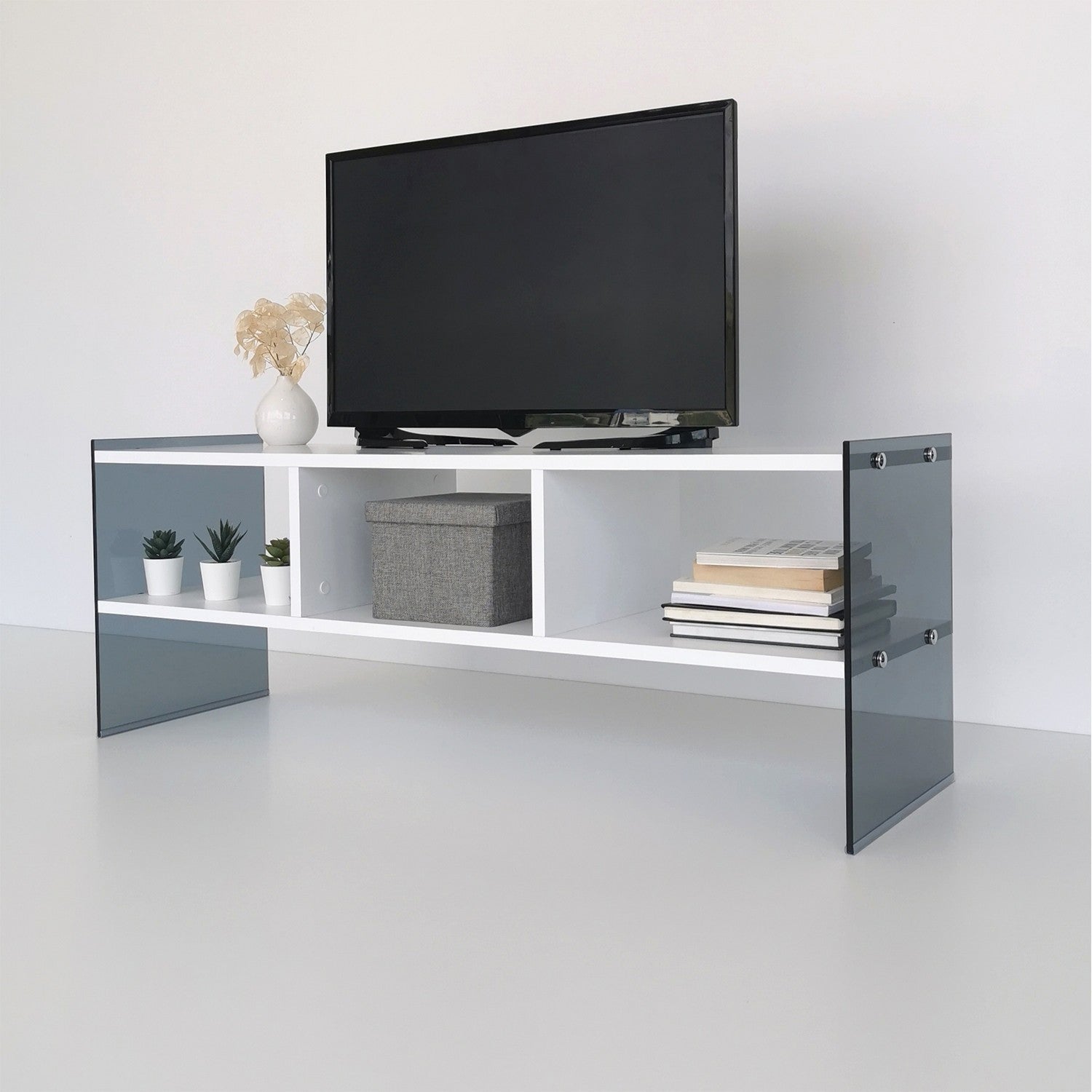 Suporte de TV moderno com prateleiras, branco e fumê, 120 x 45 x 35 cm | Painel de partículas 100% revestido de melamina e vidro temperado | Montável na parede, elegante e funcional