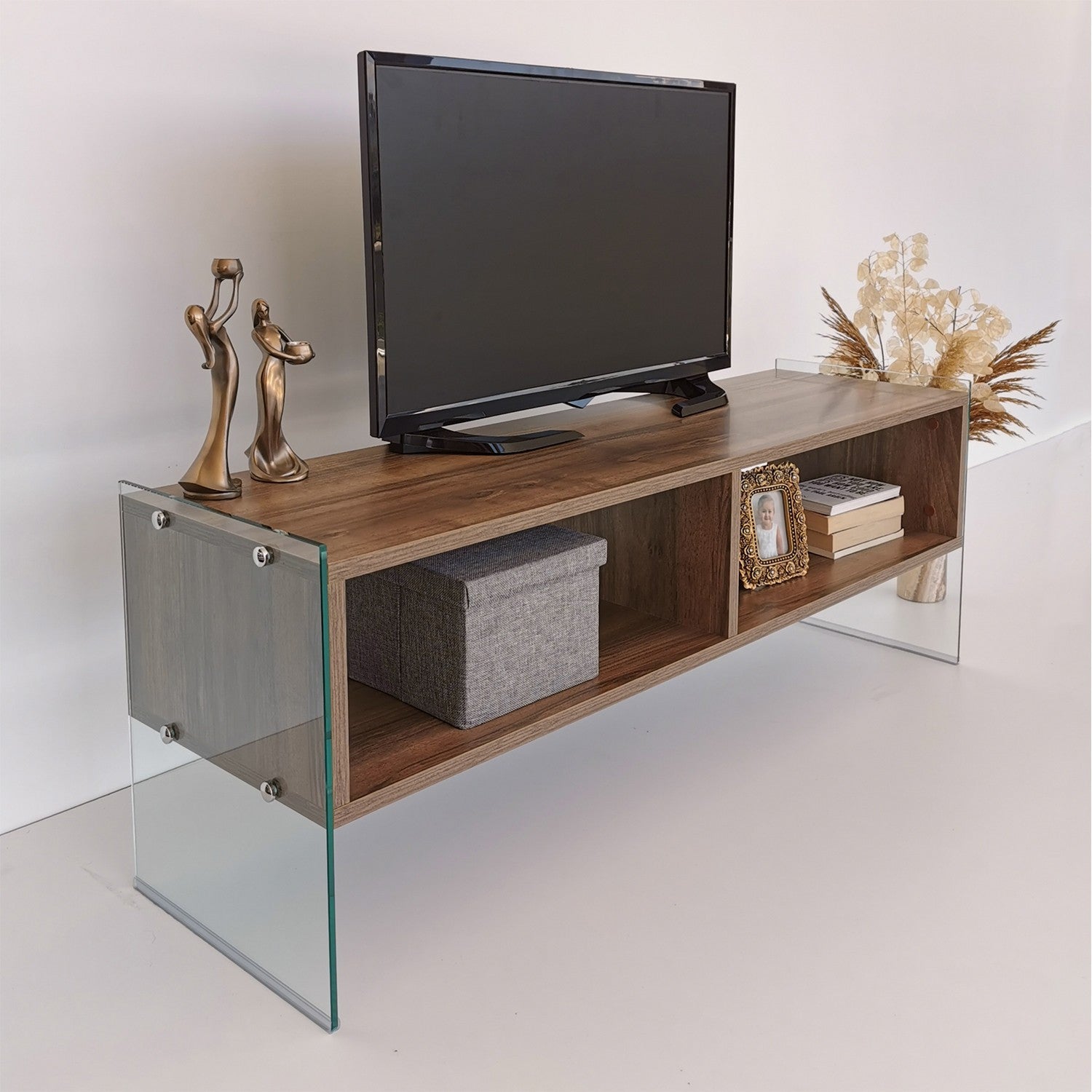 Suporte de TV moderno com prateleiras, acabamento em nogueira, 120 x 45 x 35 cm | Painel de partículas 100% revestido em melamina e vidro temperado | Montável na parede, elegante e funcional