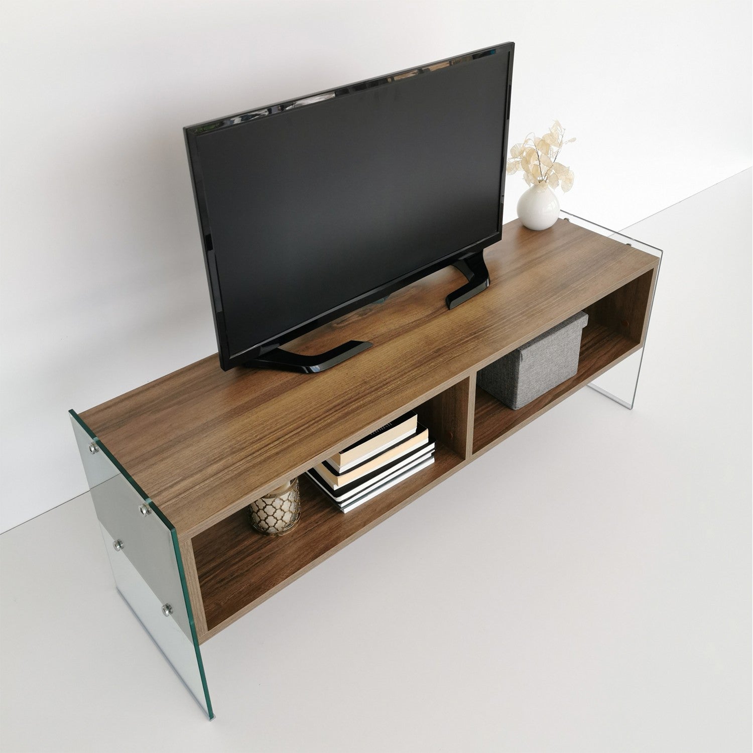 Suporte de TV moderno com prateleiras, acabamento em nogueira, 120 x 45 x 35 cm | Painel de partículas 100% revestido em melamina e vidro temperado | Montável na parede, elegante e funcional