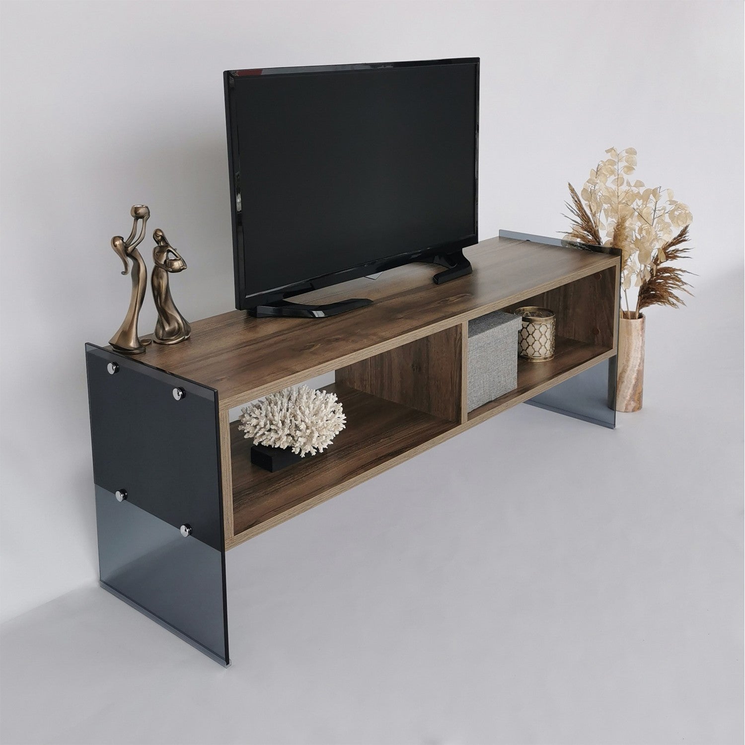 Suporte de TV moderno com prateleiras, nogueira e fumê, 120 x 45 x 35 cm | Painel de partículas 100% revestido de melamina e vidro temperado | Montável na parede, capacidade de 20 kg