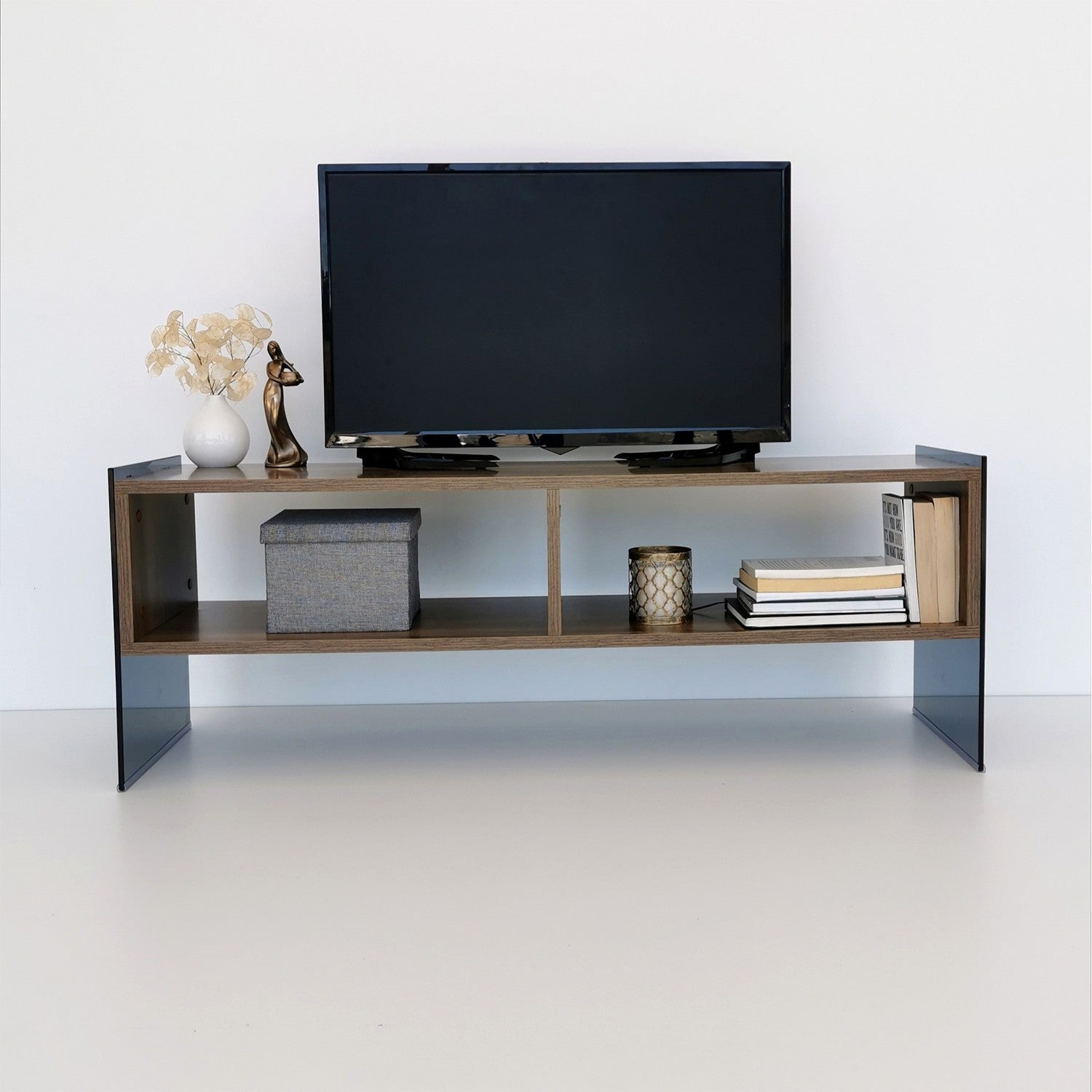 Suporte de TV moderno com prateleiras, nogueira e fumê, 120 x 45 x 35 cm | Painel de partículas 100% revestido de melamina e vidro temperado | Montável na parede, capacidade de 20 kg