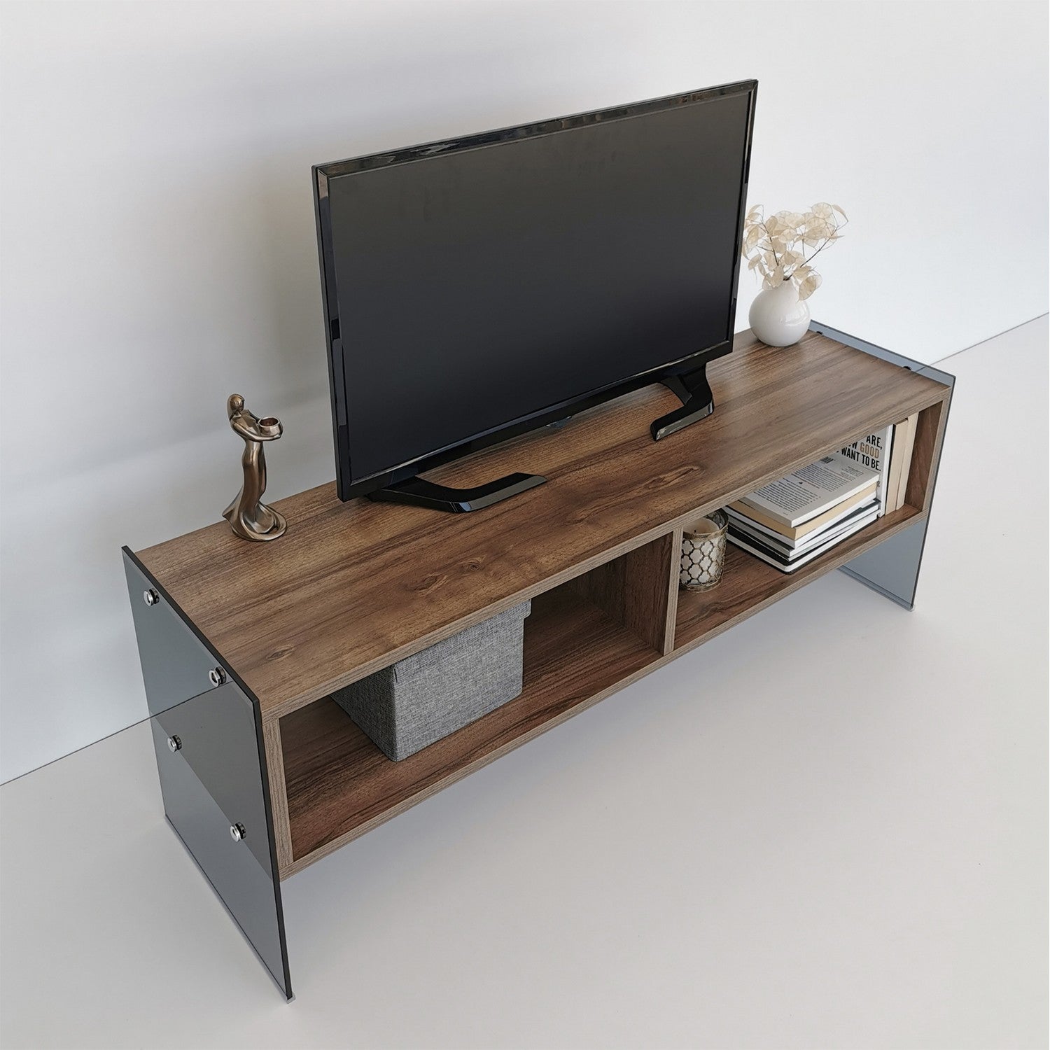 Suporte de TV moderno com prateleiras, nogueira e fumê, 120 x 45 x 35 cm | Painel de partículas 100% revestido de melamina e vidro temperado | Montável na parede, capacidade de 20 kg