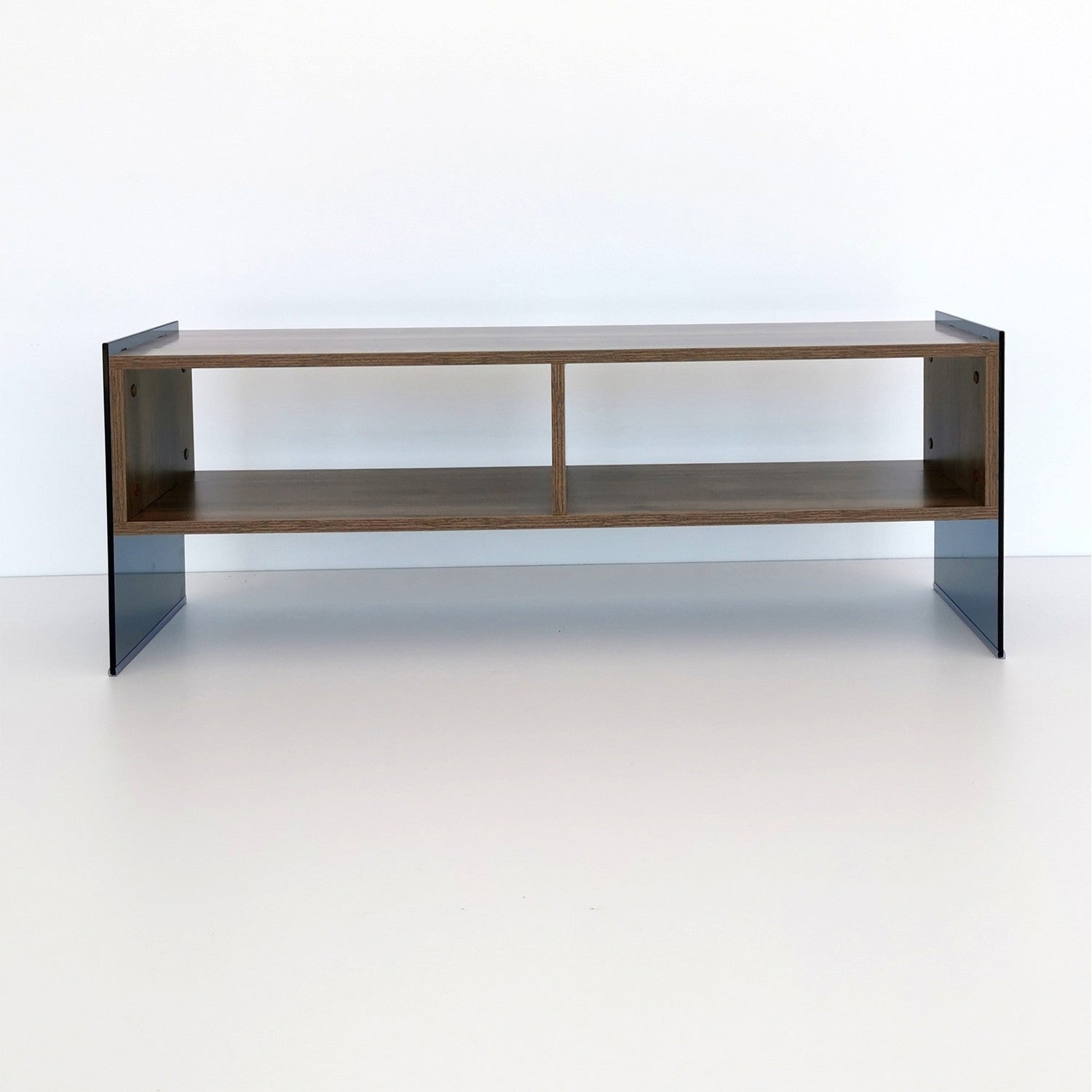 Suporte de TV moderno com prateleiras, nogueira e fumê, 120 x 45 x 35 cm | Painel de partículas 100% revestido de melamina e vidro temperado | Montável na parede, capacidade de 20 kg