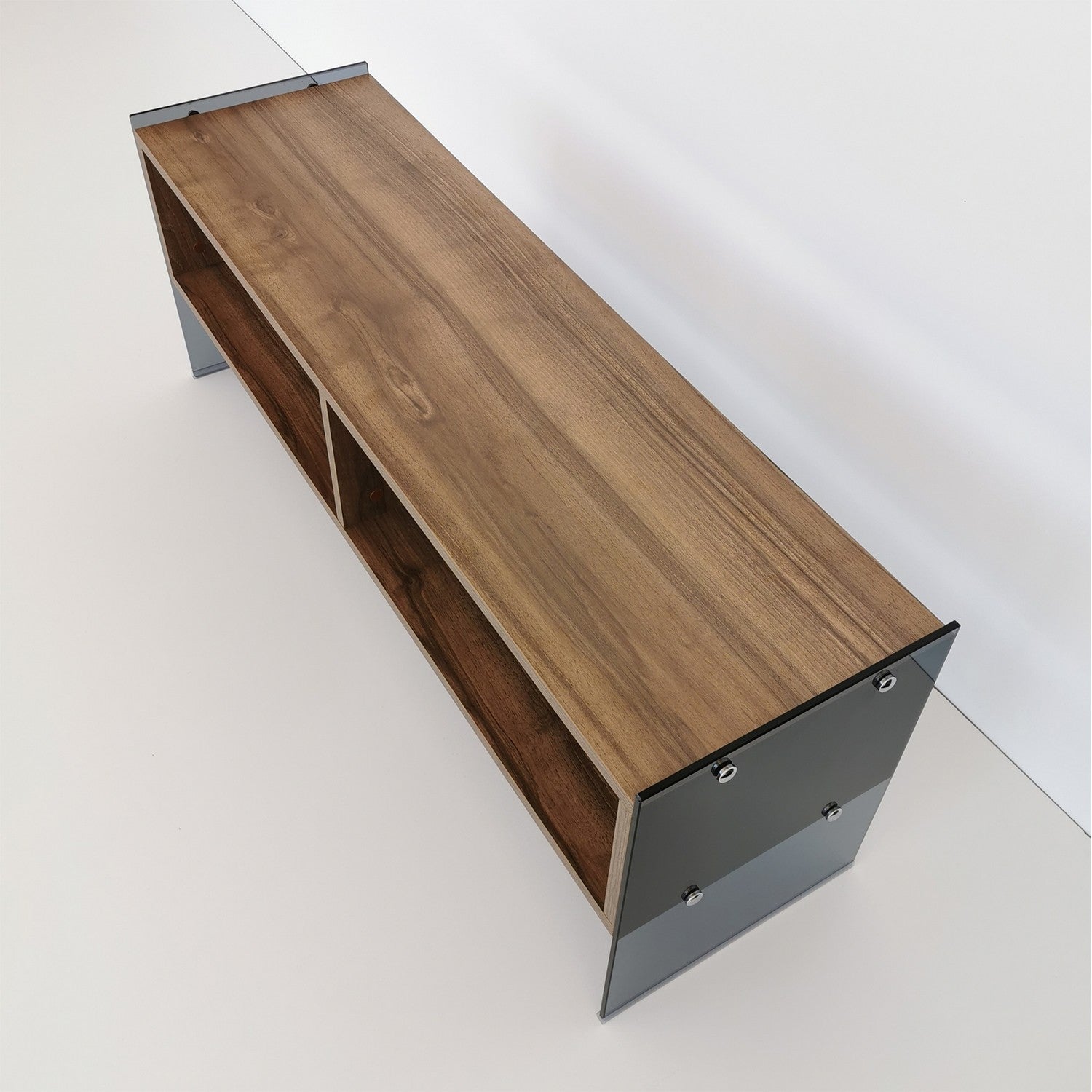 Suporte de TV moderno com prateleiras, nogueira e fumê, 120 x 45 x 35 cm | Painel de partículas 100% revestido de melamina e vidro temperado | Montável na parede, capacidade de 20 kg