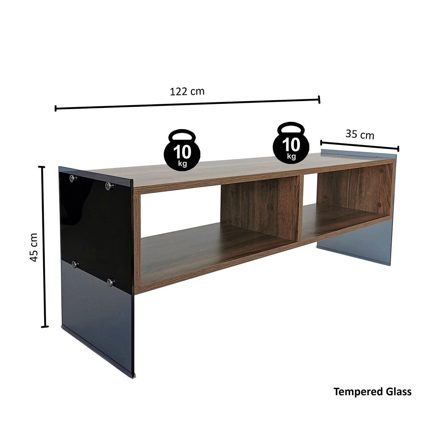 Suporte de TV moderno com prateleiras, nogueira e fumê, 120 x 45 x 35 cm | Painel de partículas 100% revestido de melamina e vidro temperado | Montável na parede, capacidade de 20 kg