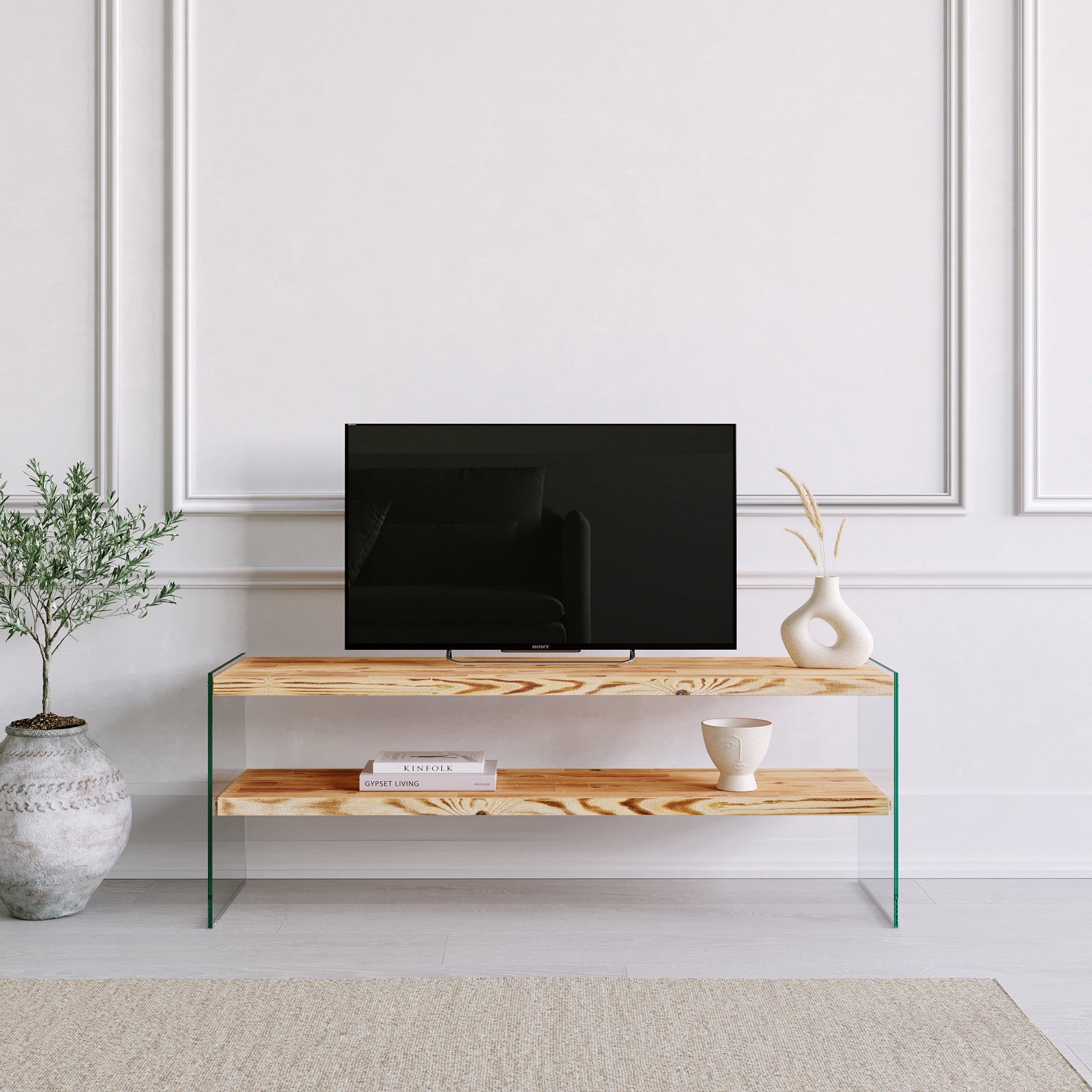 Suporte de TV moderno em carvalho, 120 cm | 100% madeira maciça de pinho e vidro temperado, 8 mm de espessura | Montável na parede, várias prateleiras, capacidade de 20 kg cada | Elegante e funcional